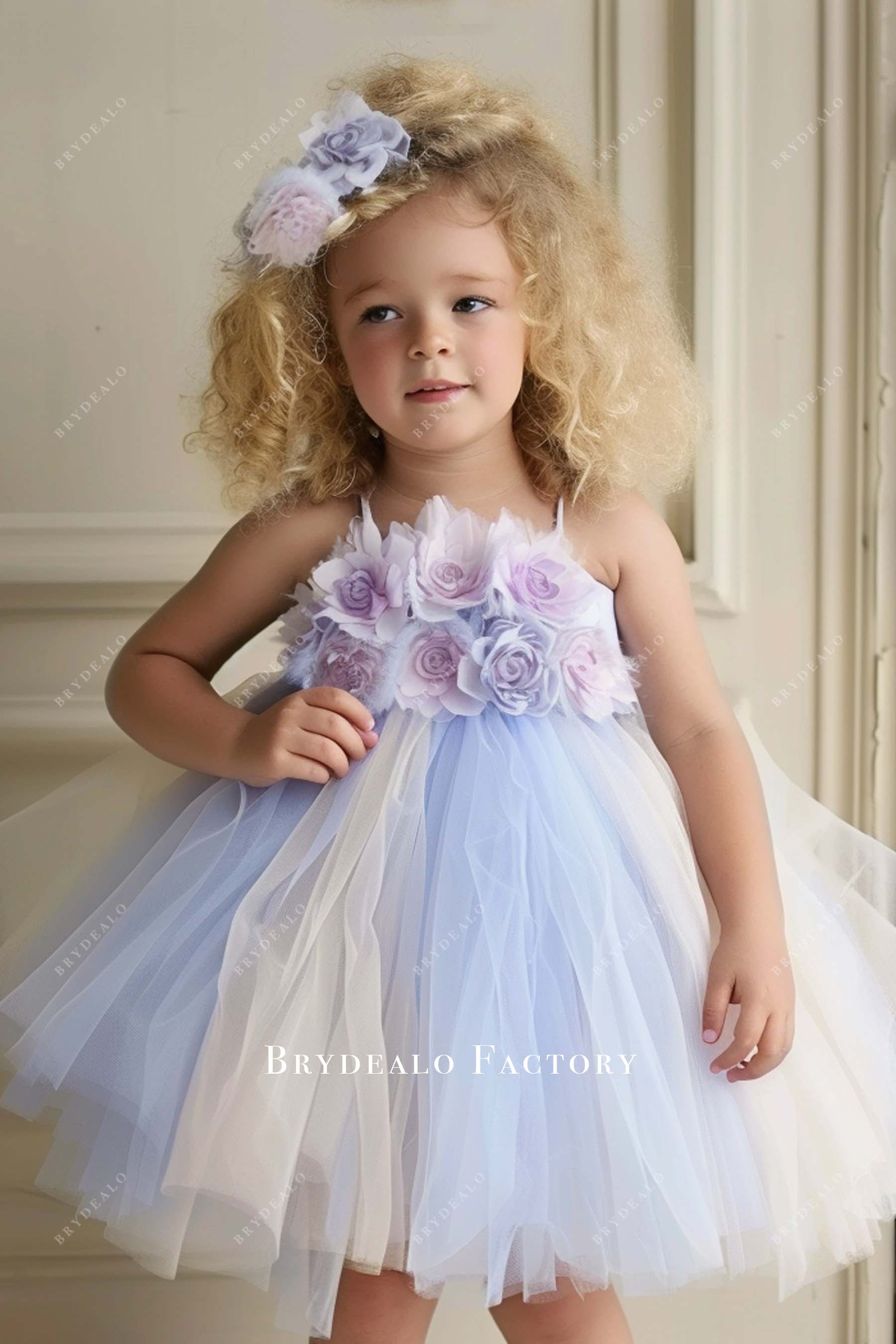 Multi Color Tulle Knee Length Baby Girl 3D Flowers Dress
