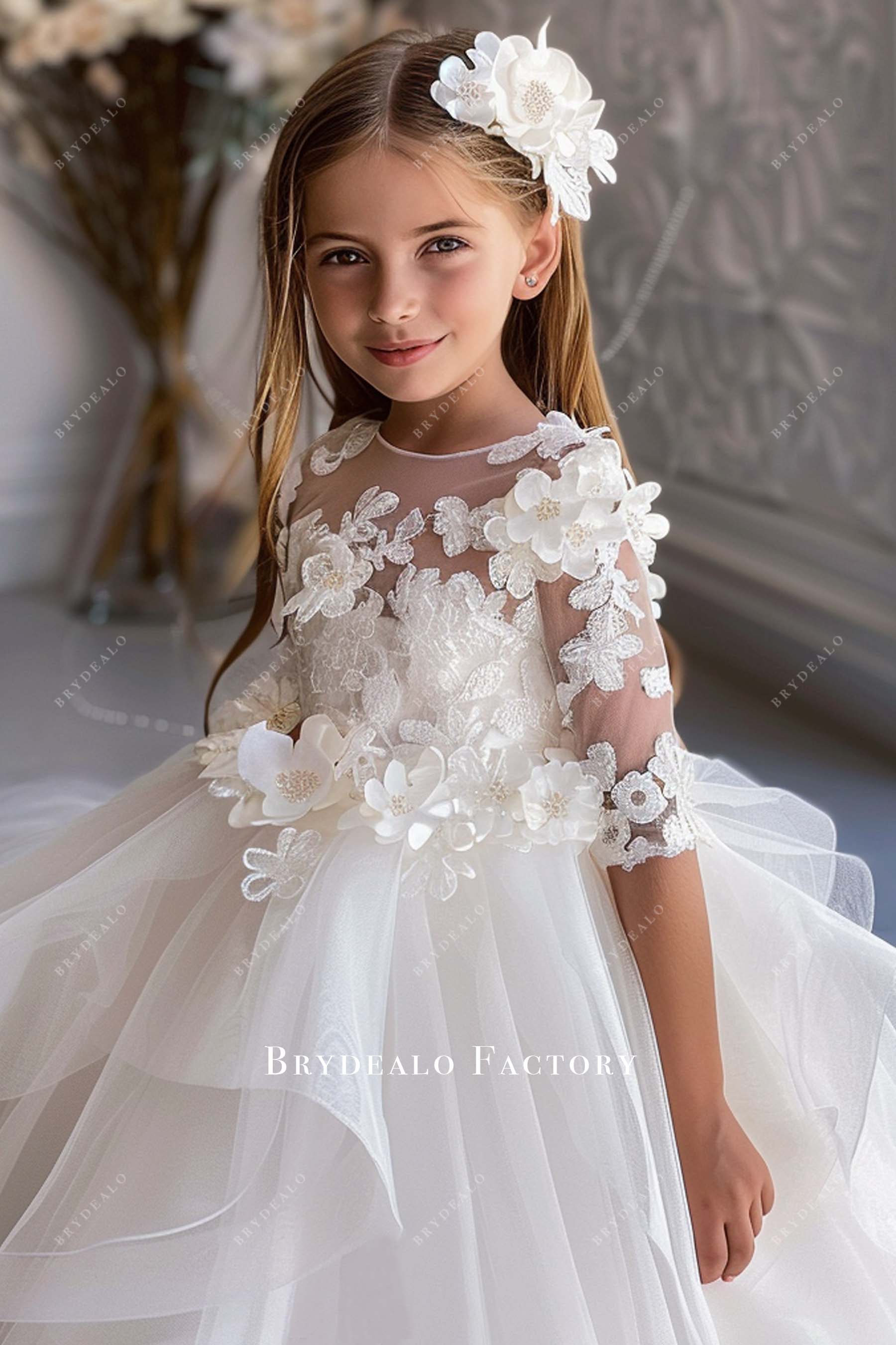 3D Flowers Lace Fairytale Puffy Tulle Little Girl Gown