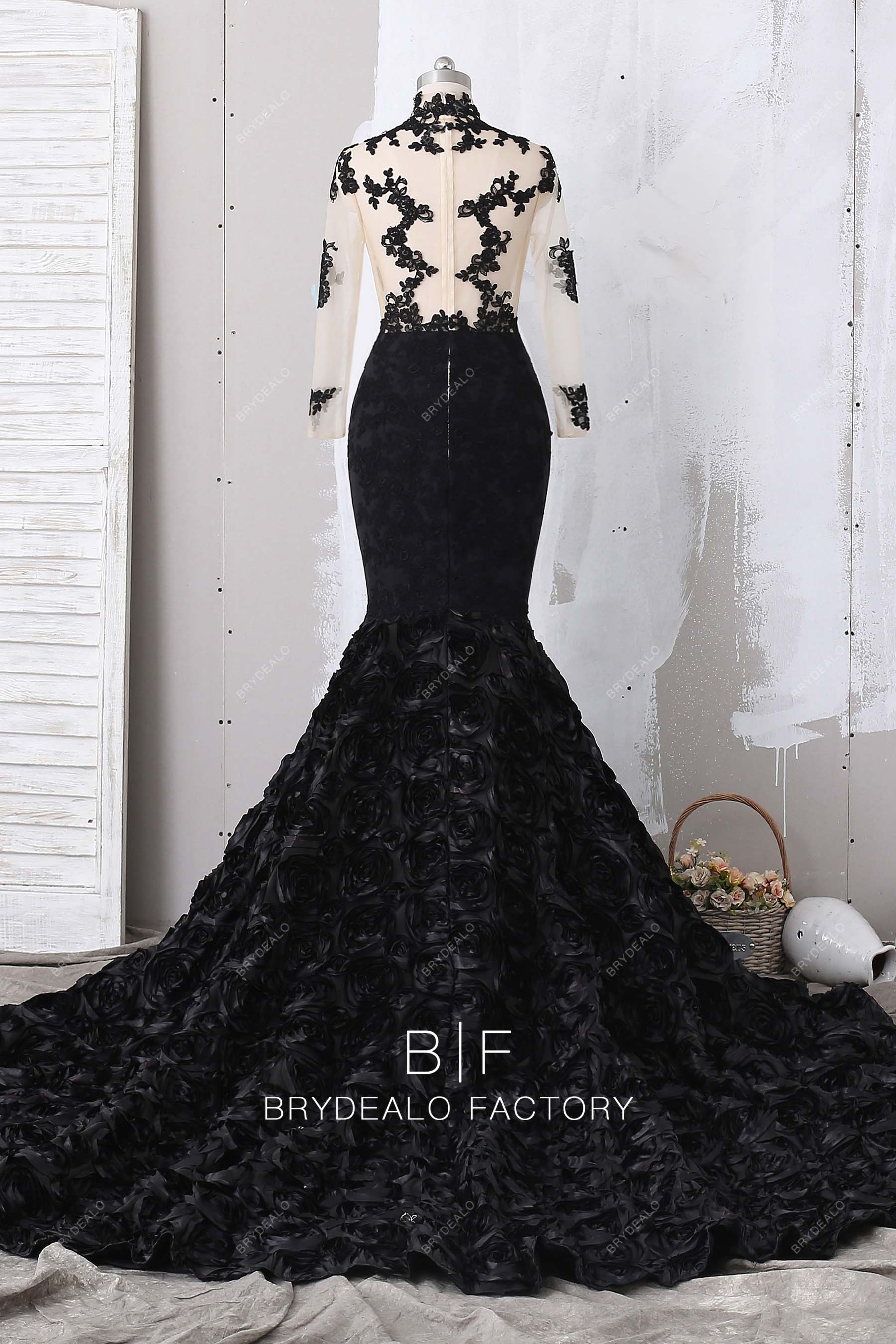 beautiful 3D roses lace long train prom dress