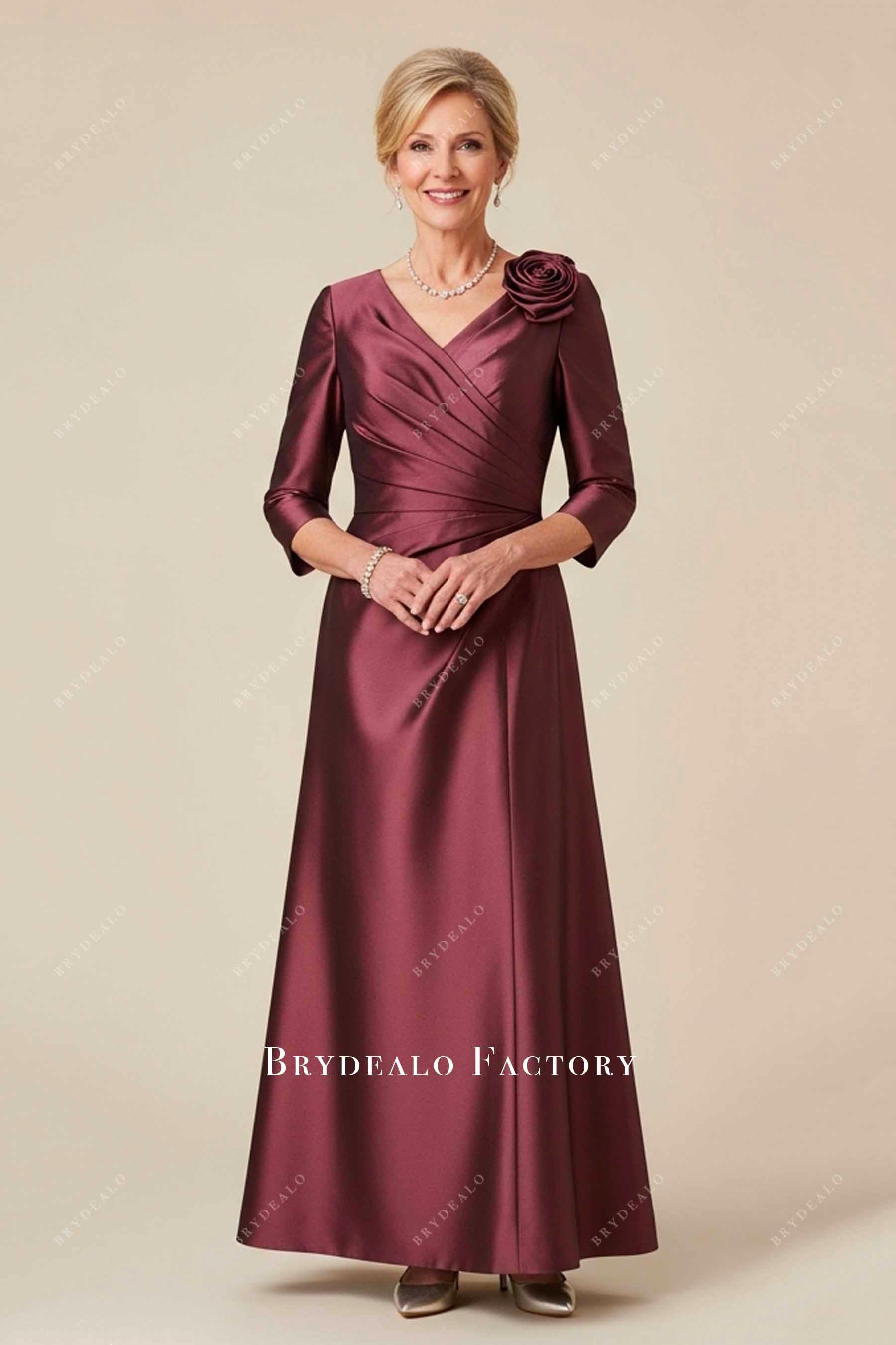 Plum 3/4 Sleeve Shoulder Flower Mikado Formal Dress