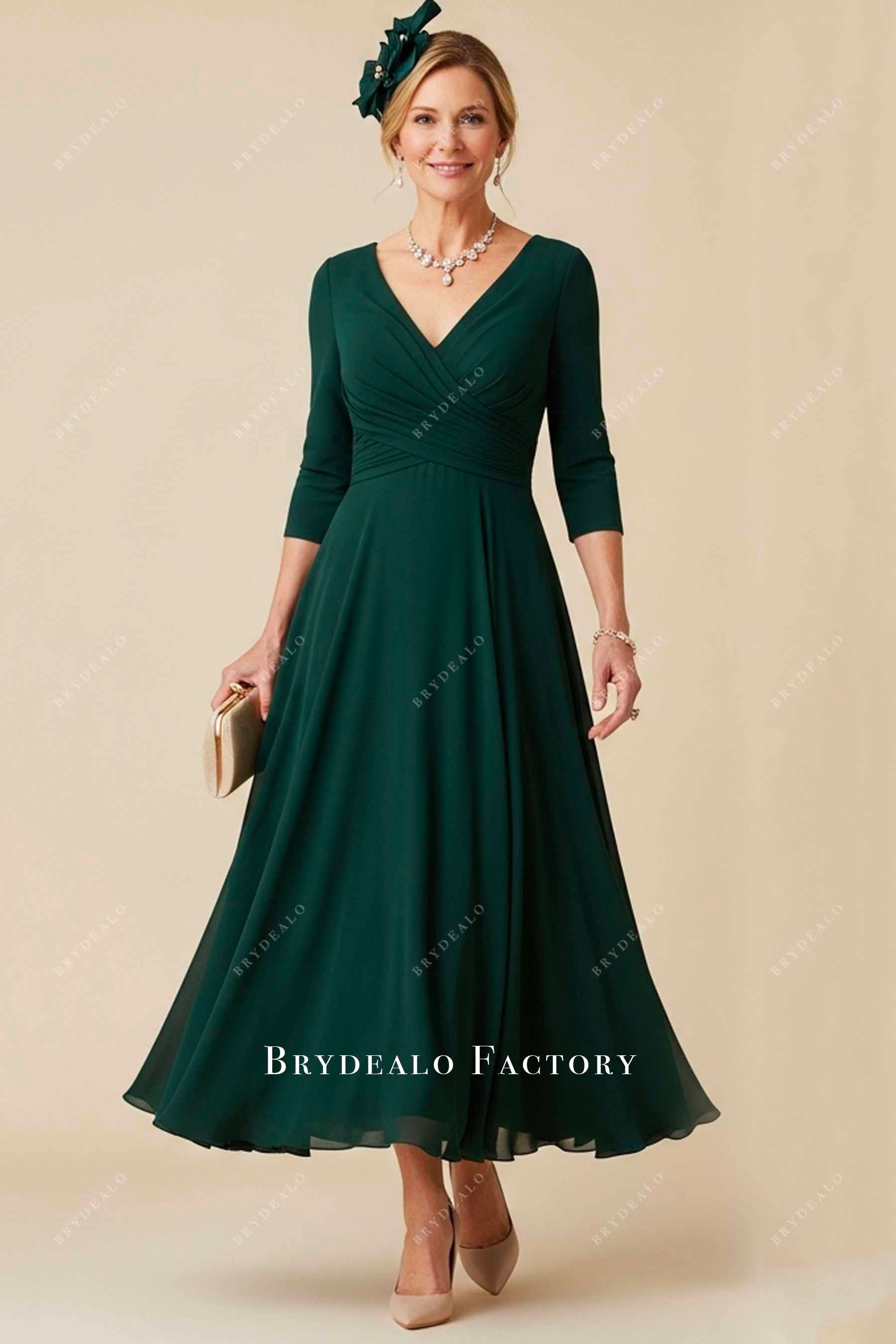 3/4 sleeve tea-length chiffon formal dress
