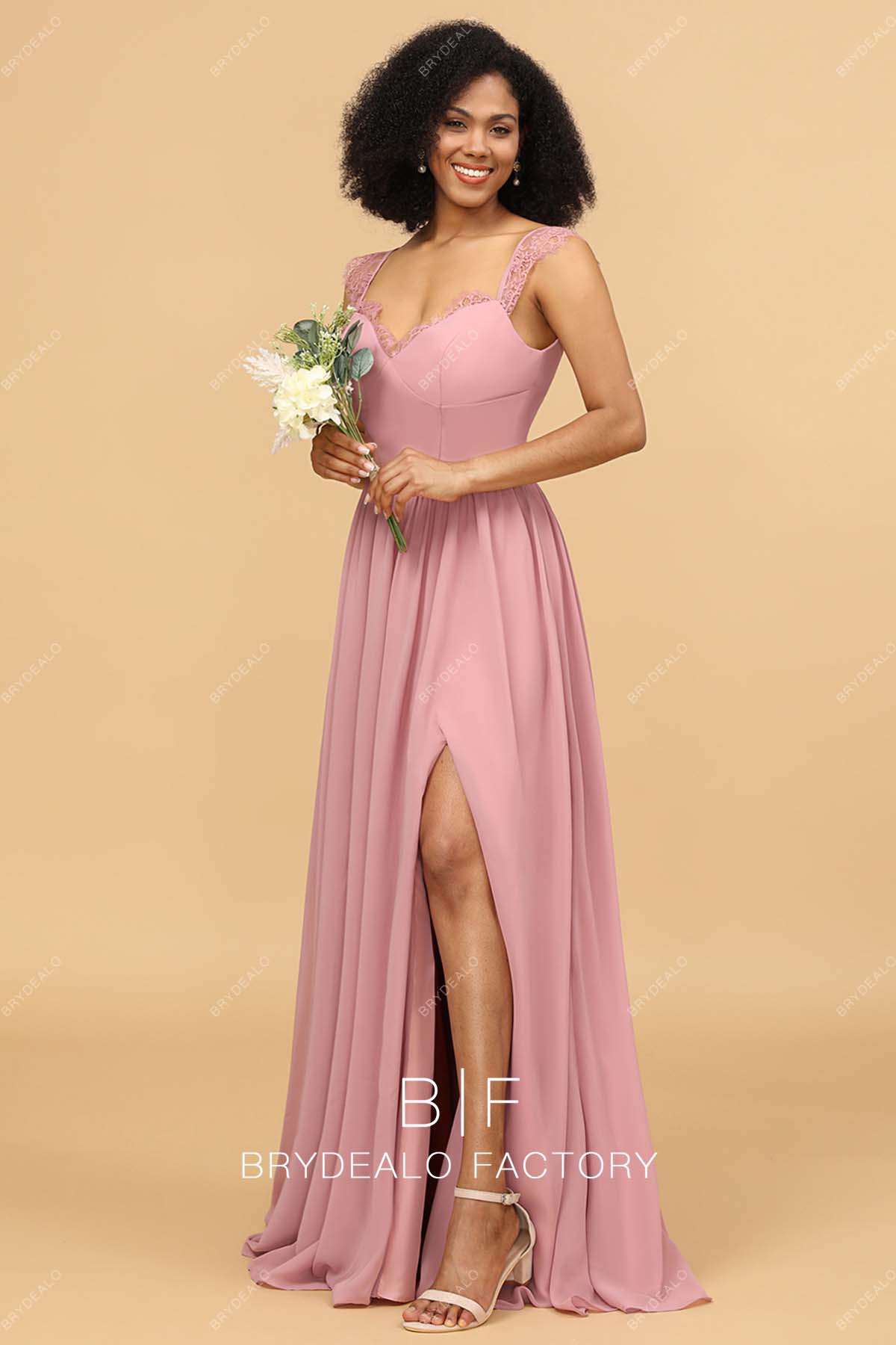 Lace Cap Sleeves Chiffon A-line Slit Bridesmaid Dress