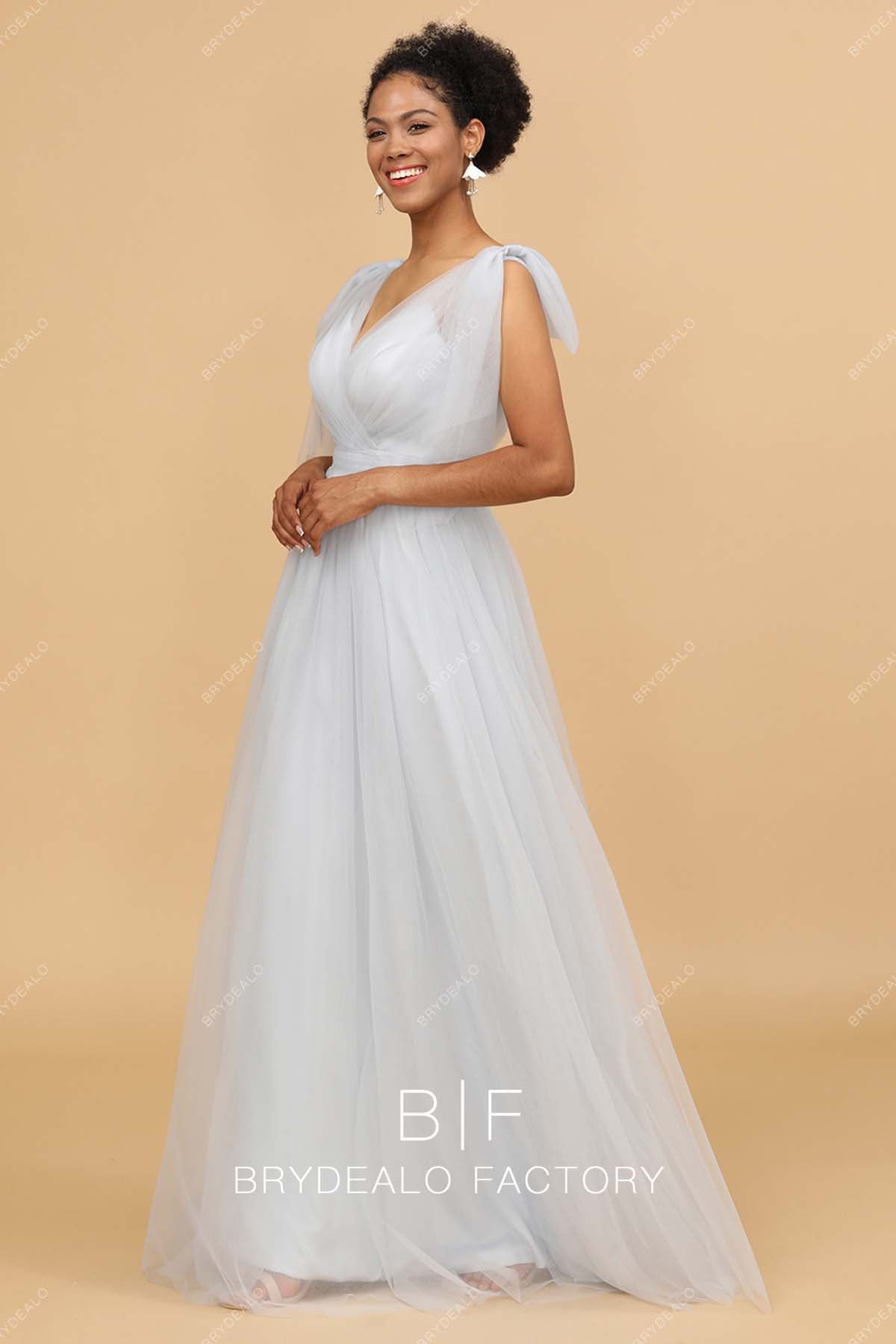 Ice Blue Shoulder Tie Tulle A-line Bridesmaid Gown