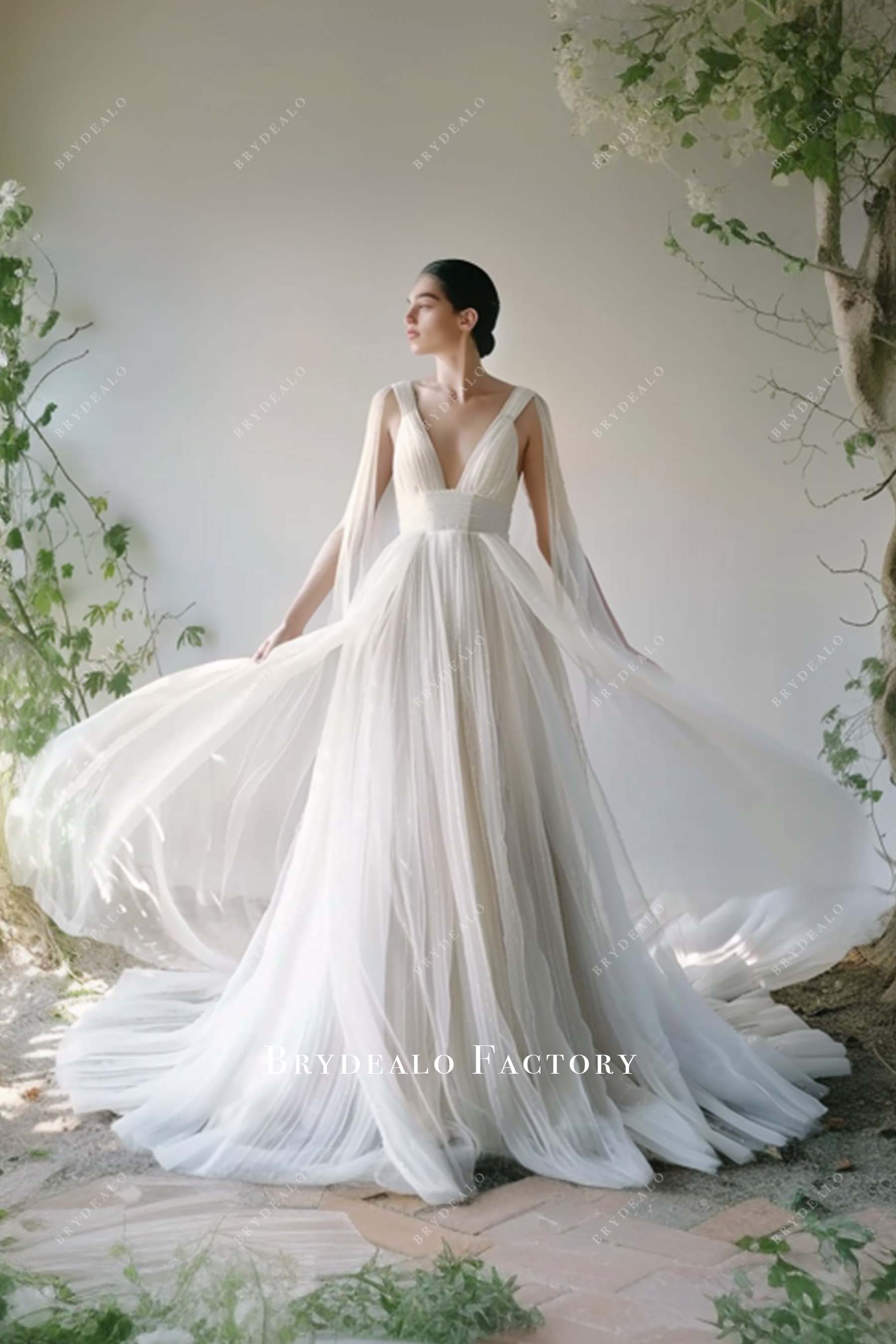 Ruched Plunging Neck Empire Cape Sleeve Wedding Dress
