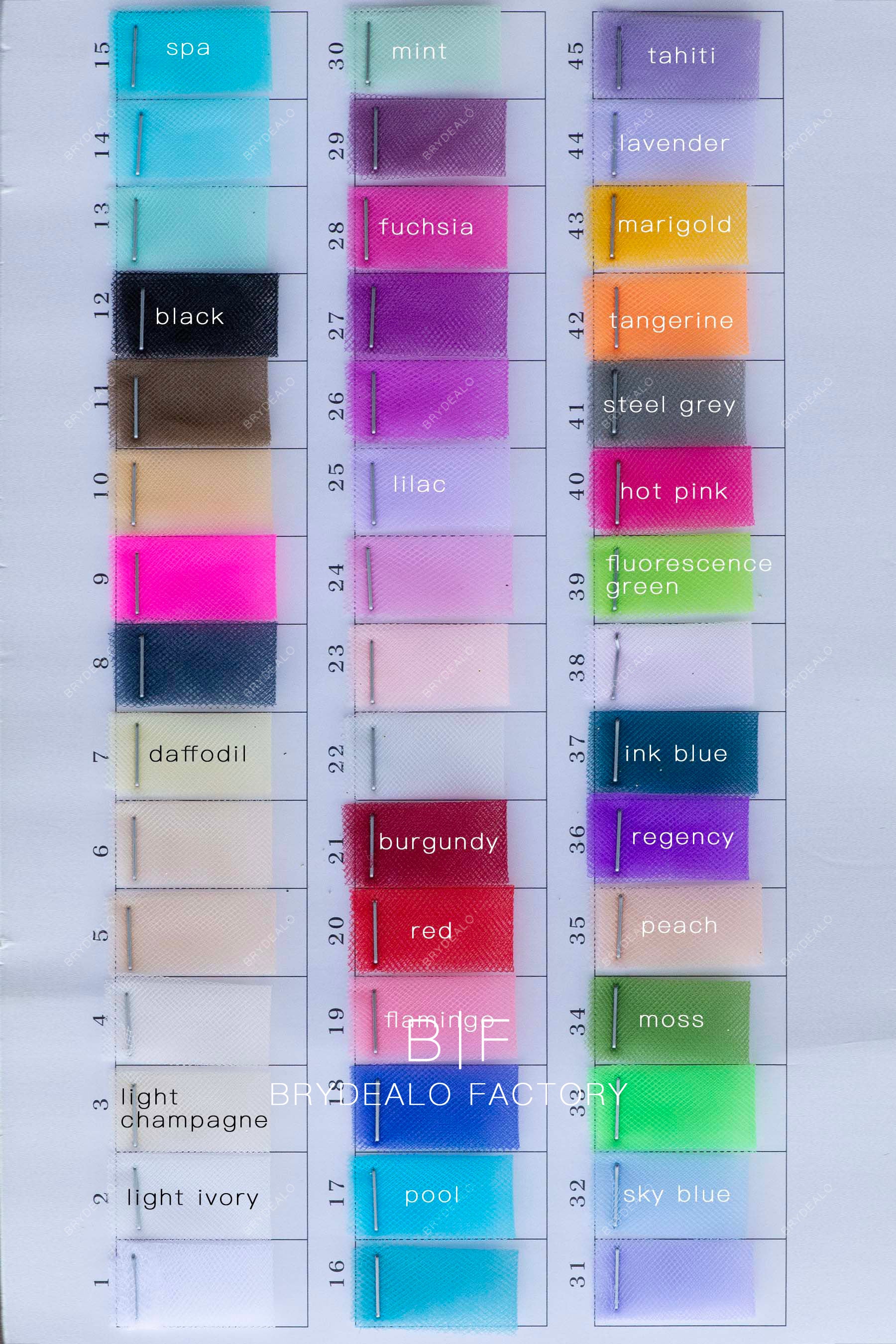 Rhombus Stiff American Tulle Fabric Color Chart