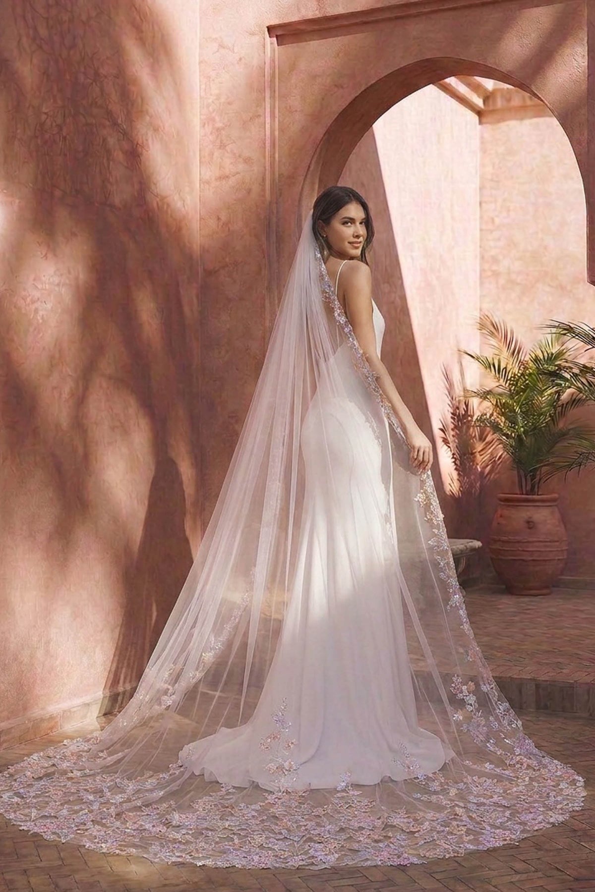Cathedral length colorful lace bridal veil