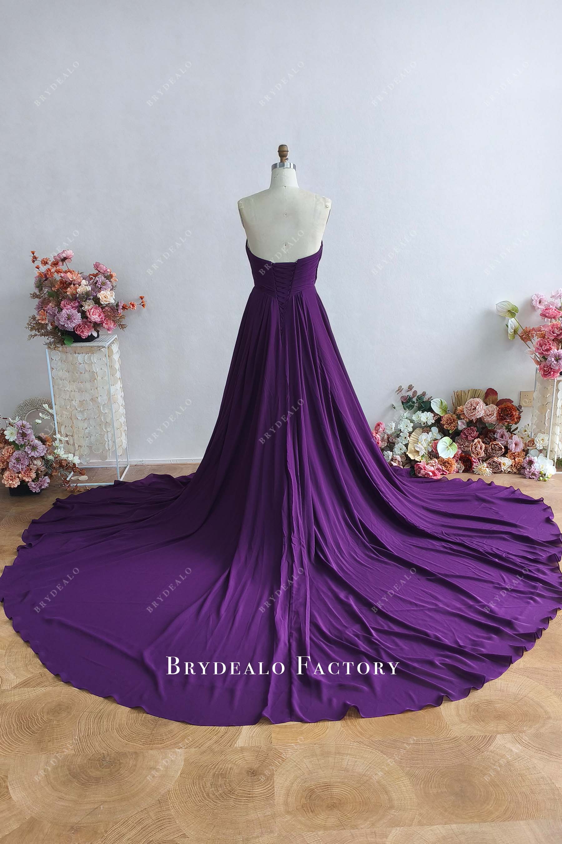 Cathedral train dark purple open back wedding dress