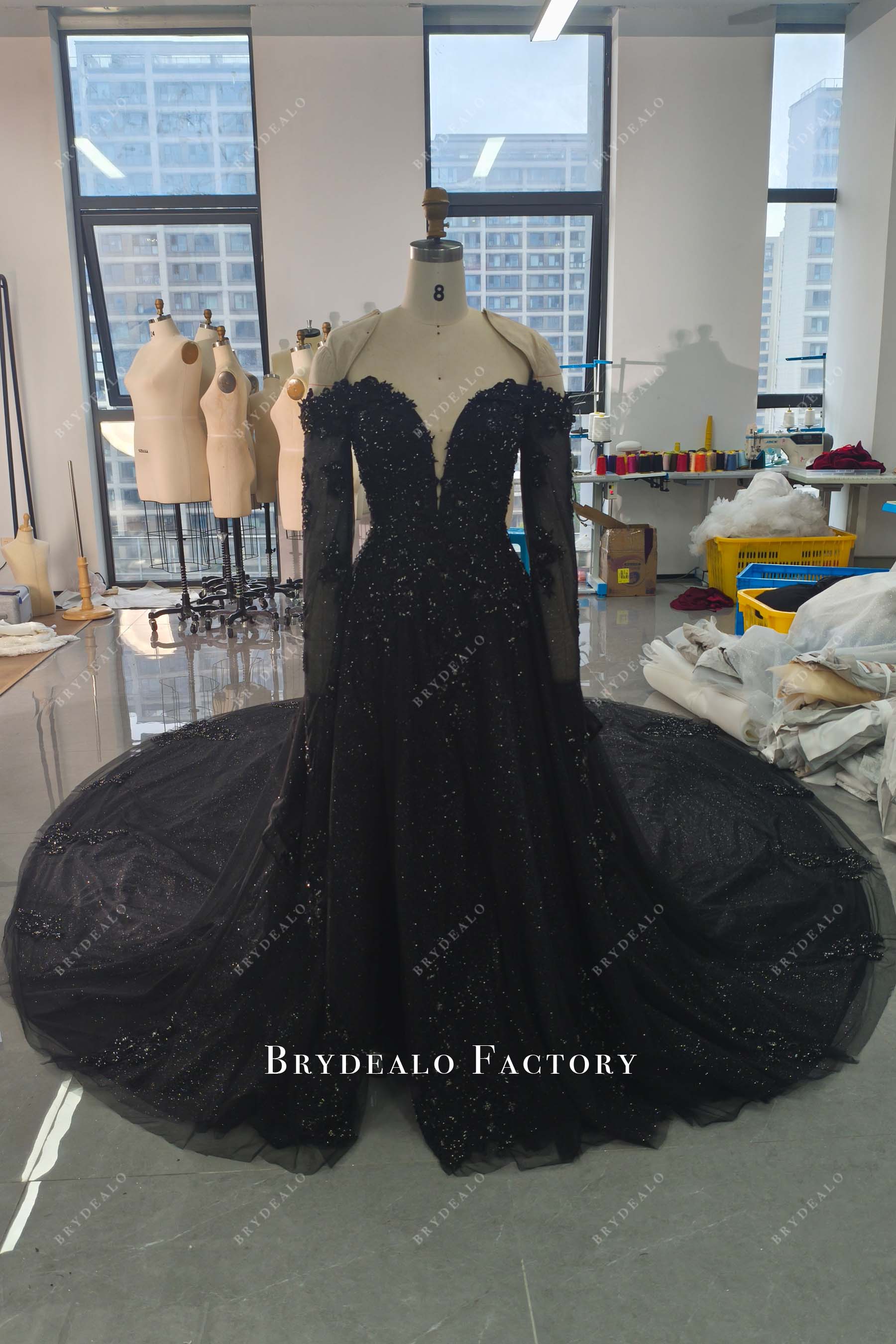 Custom Black Appliques Off Shoulder Slit A-line Wedding Dress