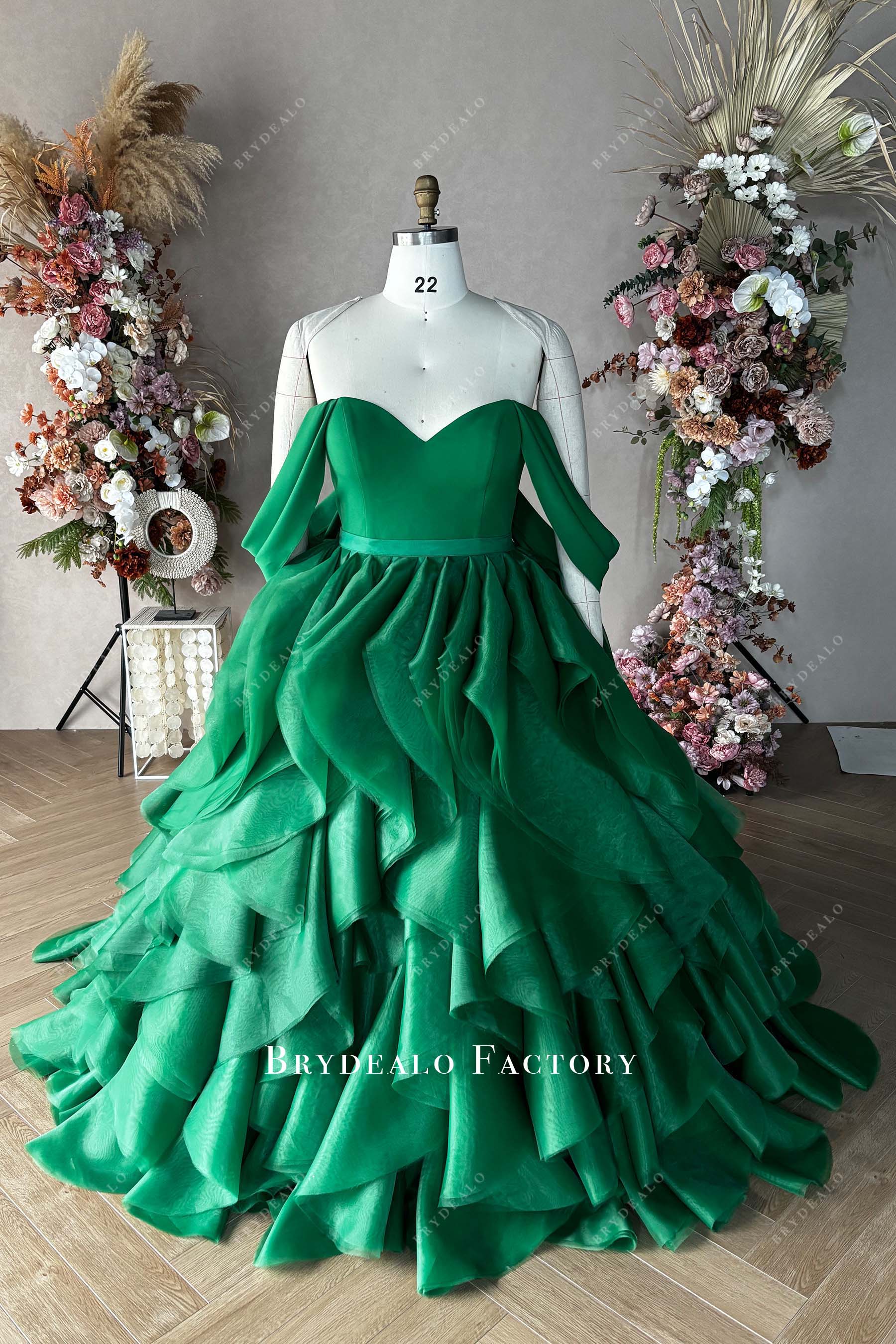 Custom Emerald Green Off Shoulder Convertible Wedding Dress