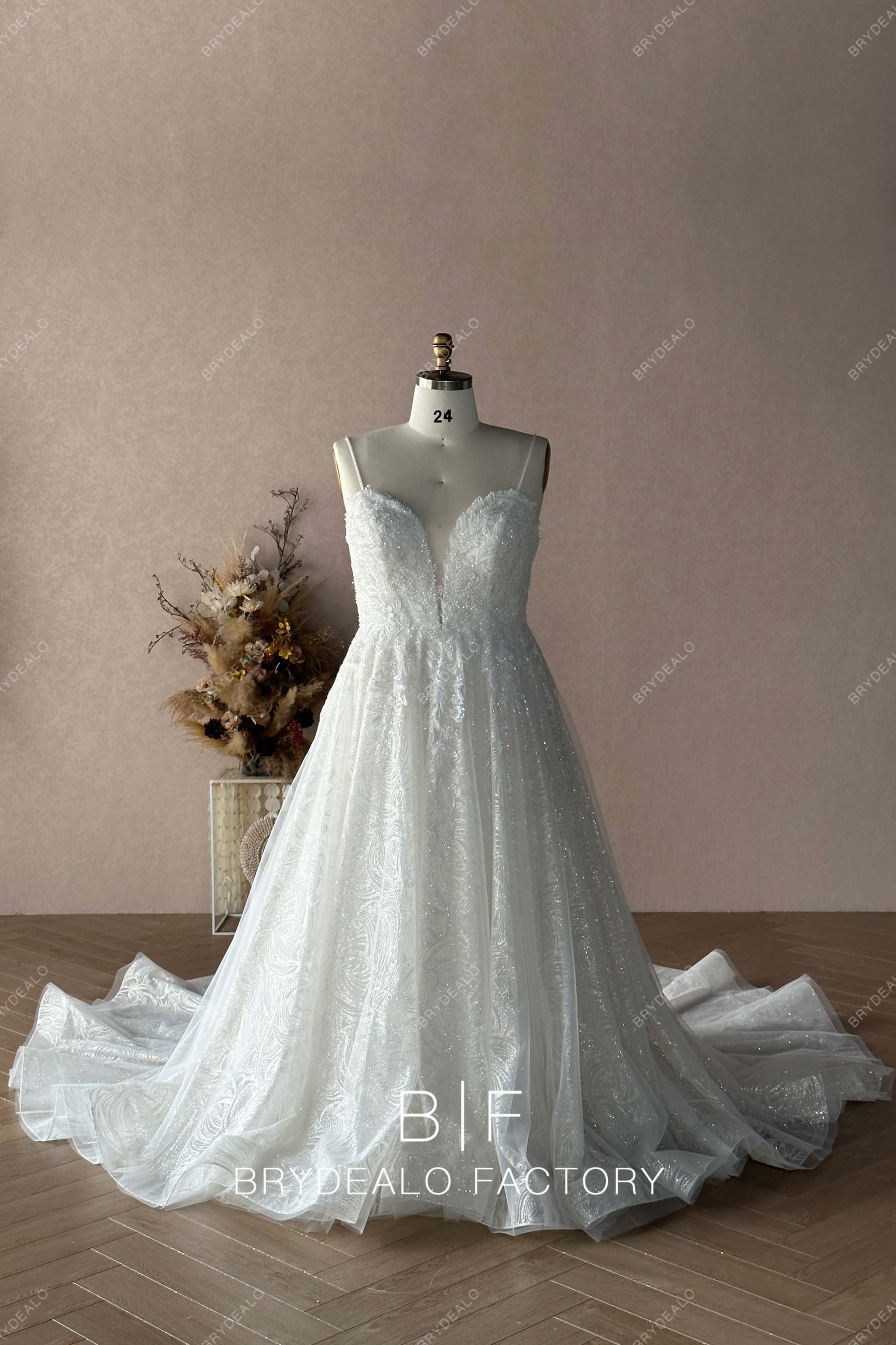 Plus Size Plunging Neck Glitter Wedding BallGown