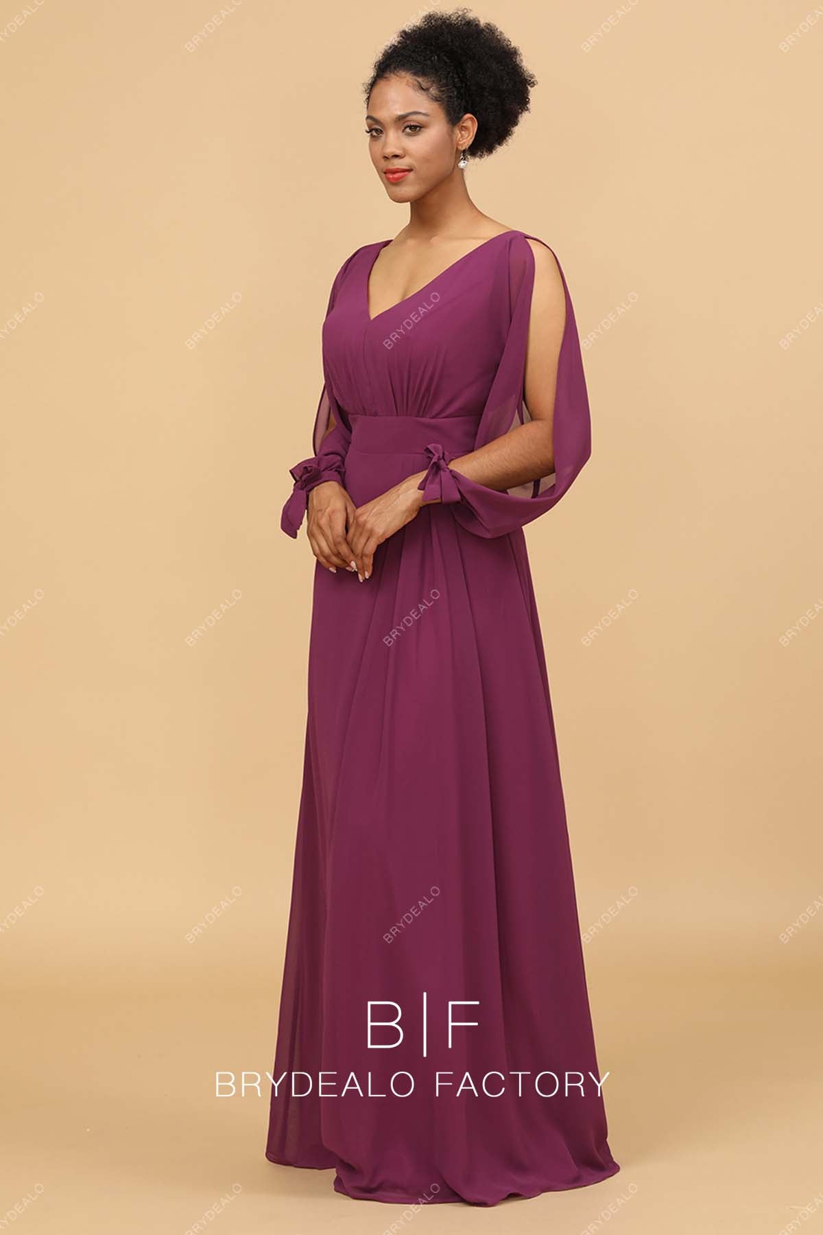 Raspberry Chiffon Slit Long Sleeves Bridesmaid Dress