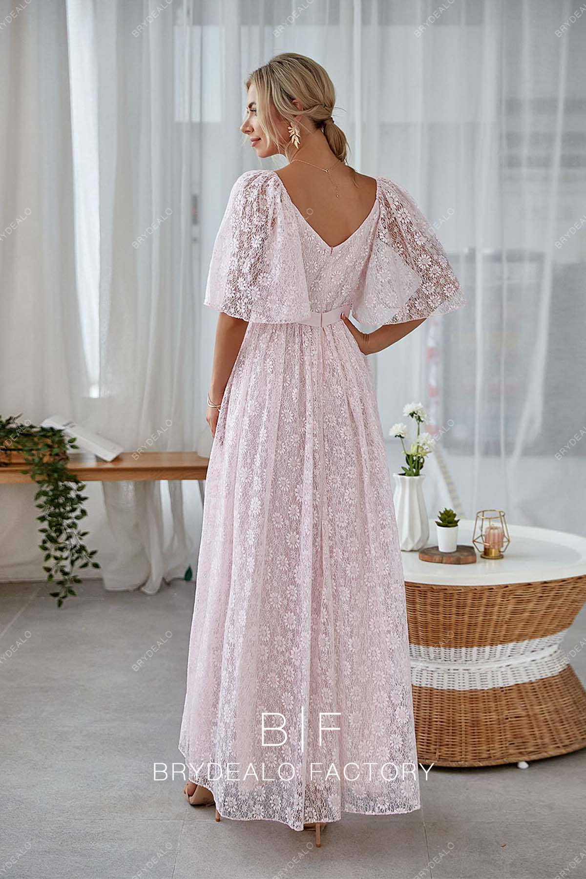 V-back floor length A-line bridesmaid gown