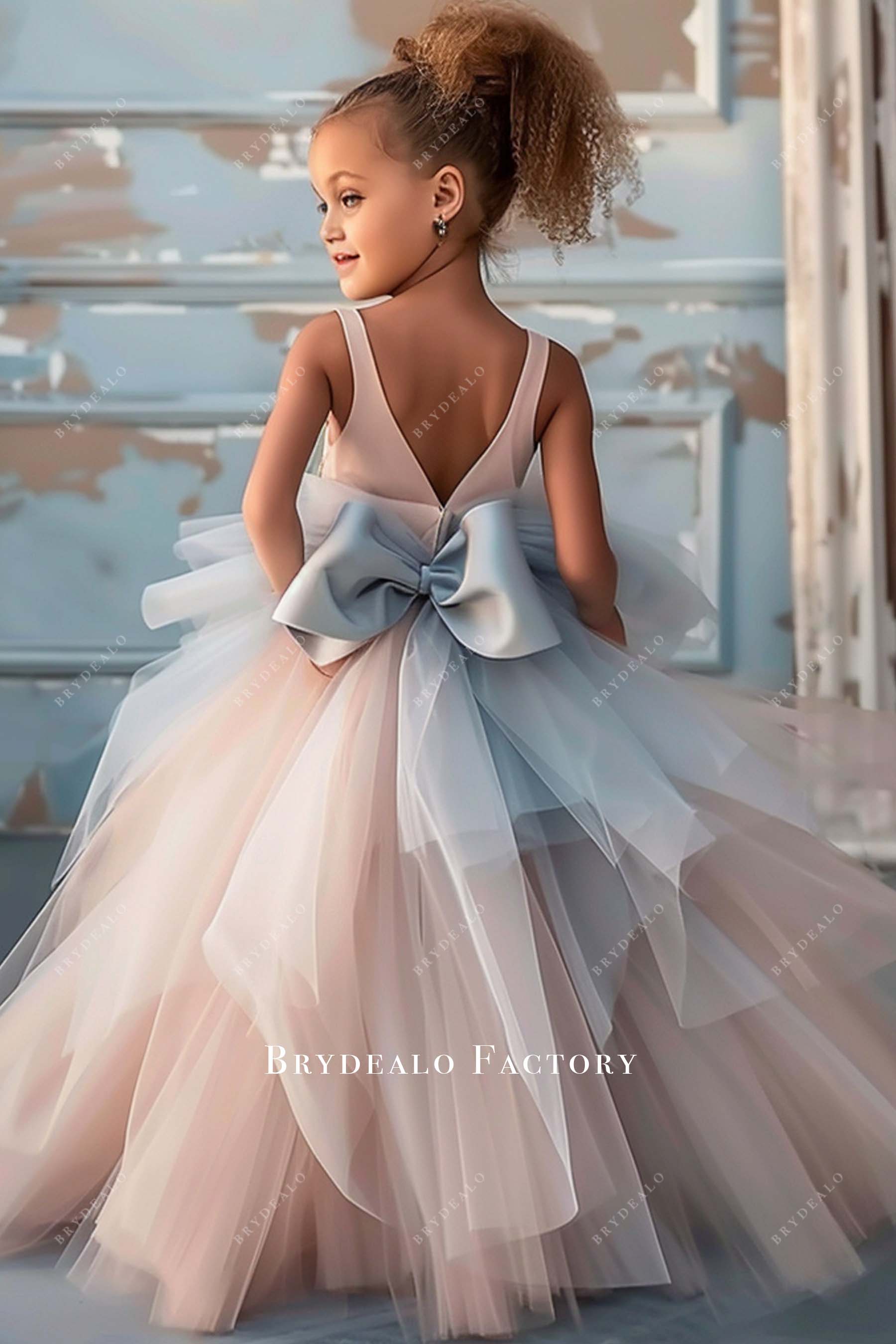 Ice Blue Bow Open back Pearl Pink Tulle Flower Girl Dress
