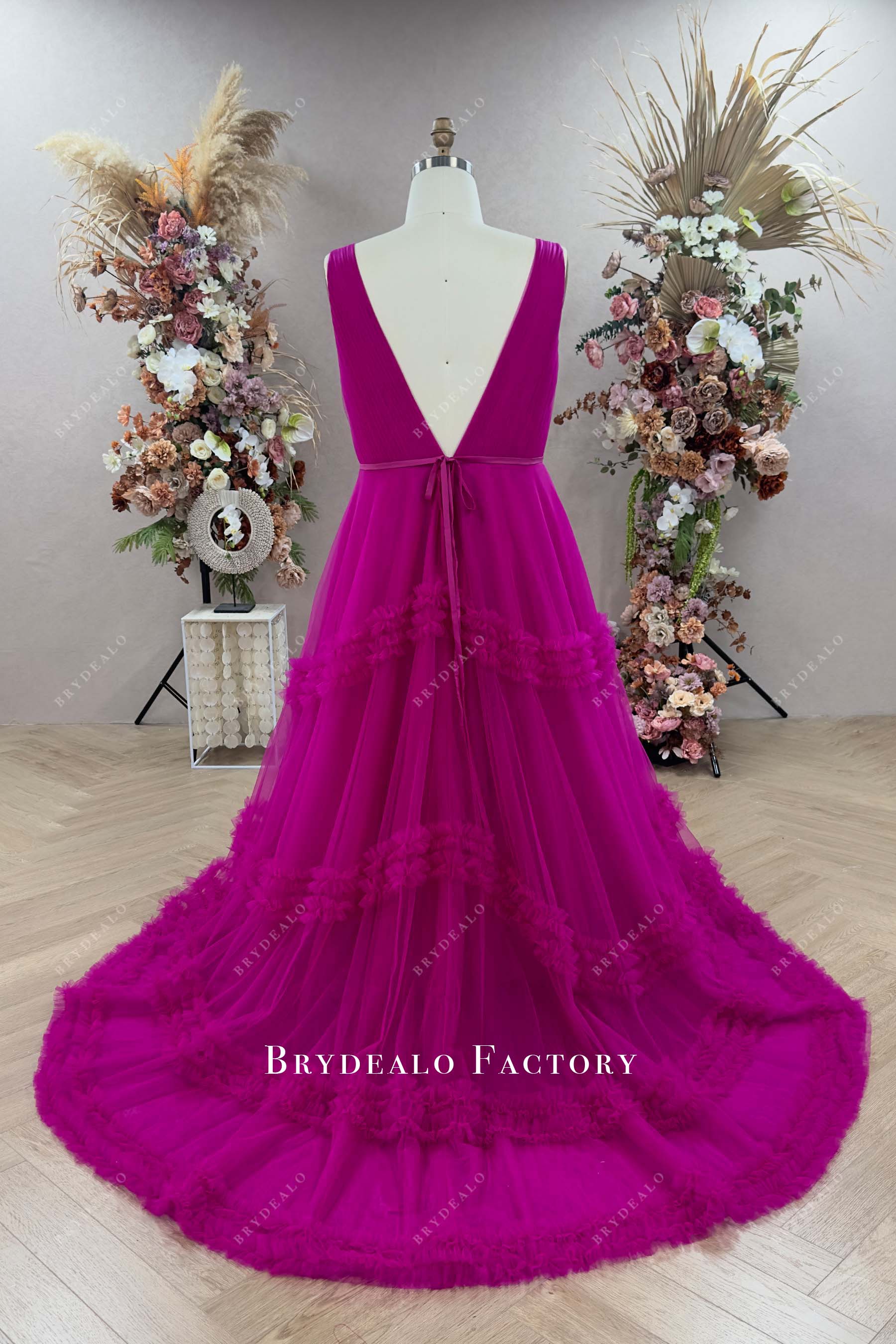 V-back hot pink sleeveless court train formal dress