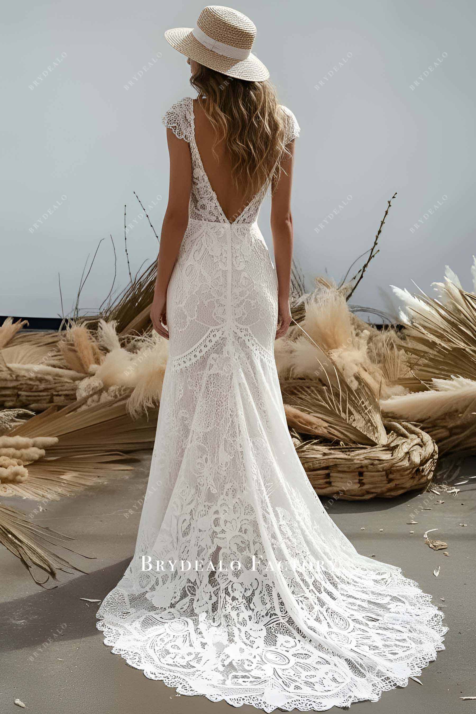 V-back long boho wedding dress