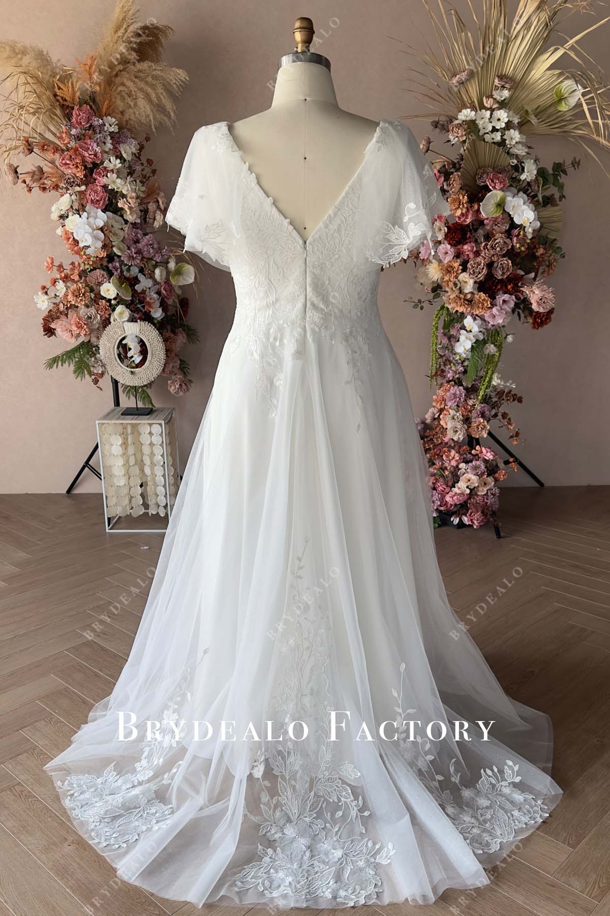 V-back plus size custom lace wedding dress