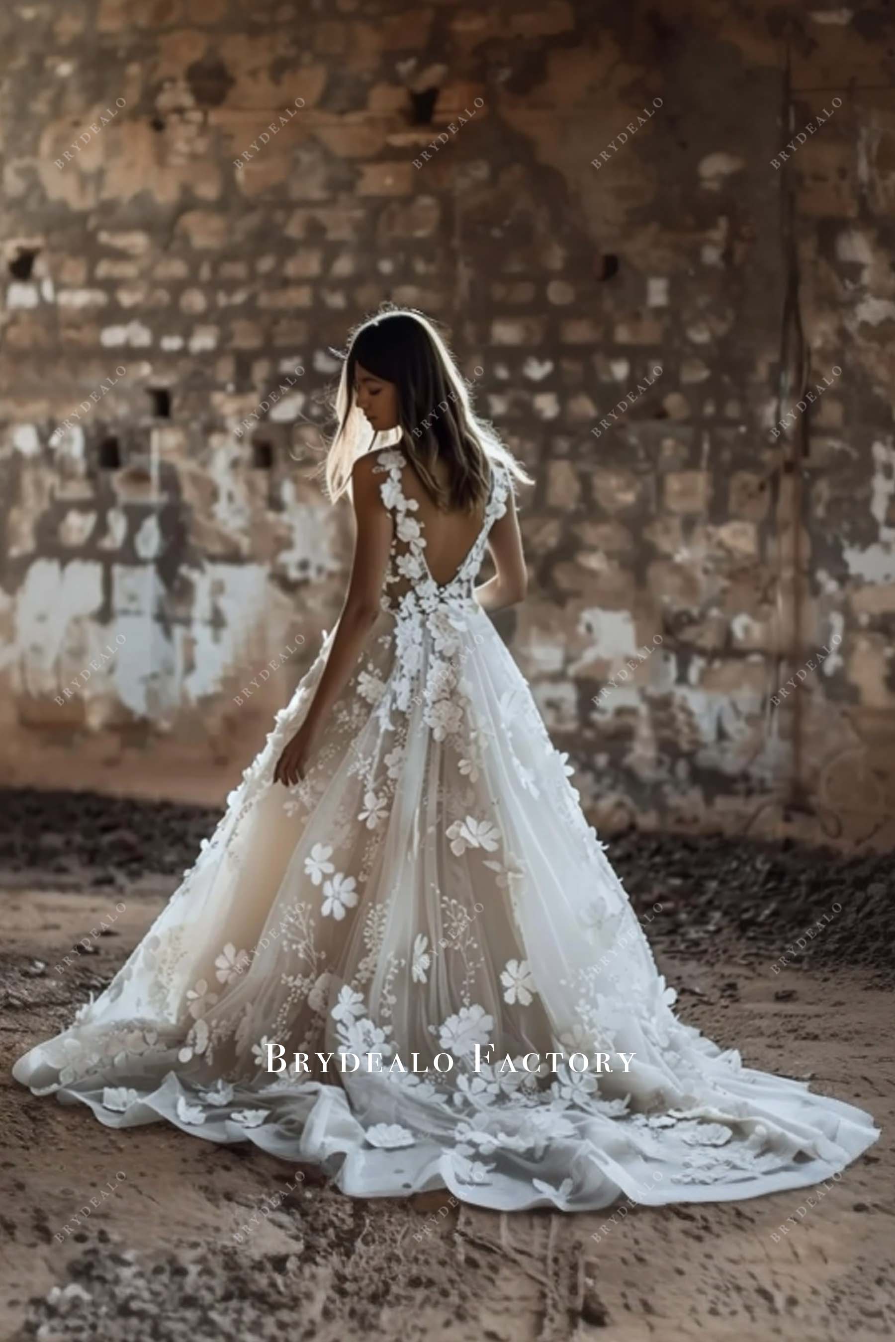 V-back Romantic 3D flower Sleeveless Destination Wedding Dress
