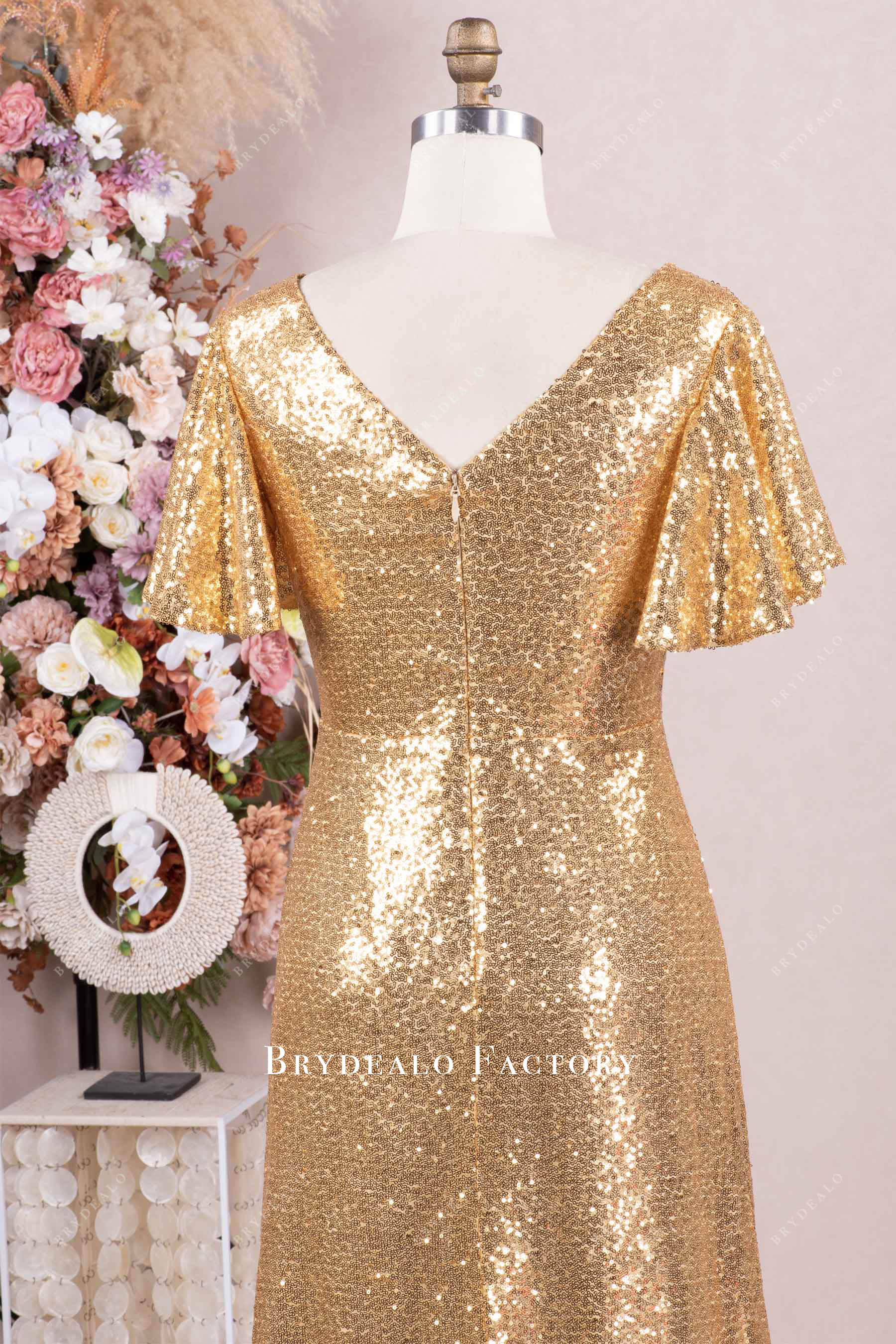 V-cut back sparkly mother of bride dress