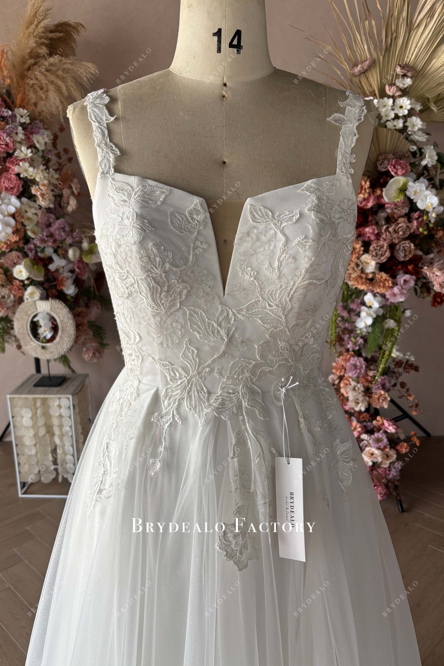 V-cut neck lace strap wedding dress