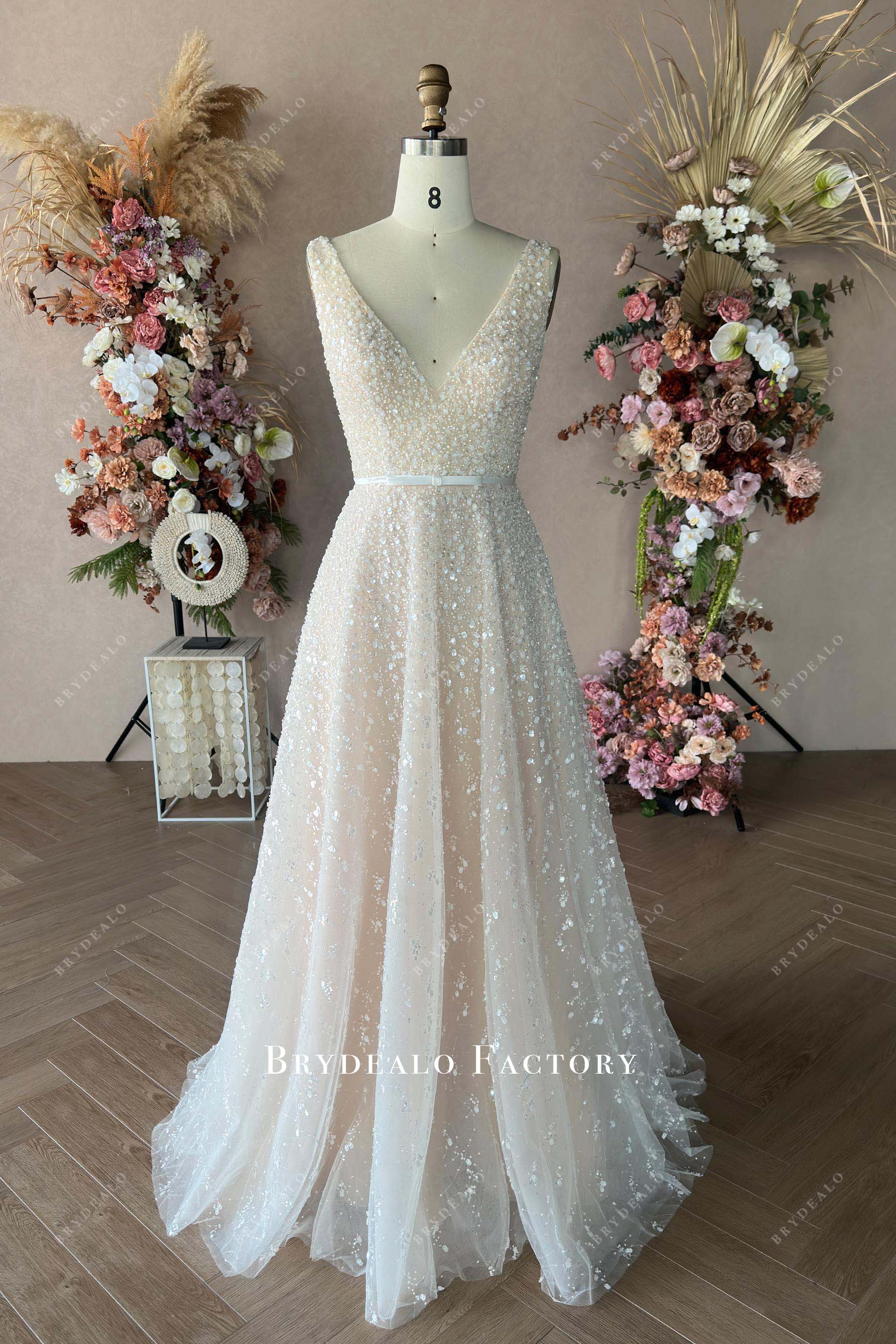 V-neck custom wedding dress