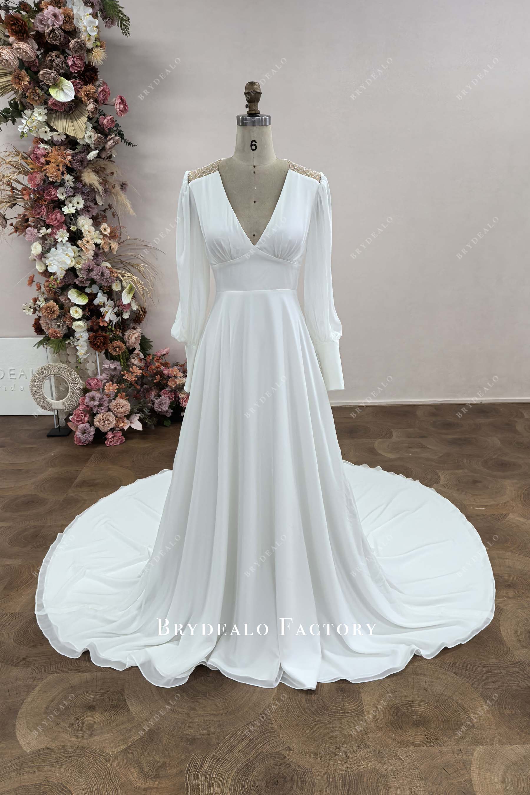 Custom Bishop Sleeve Crepe Chiffon Wedding Dress