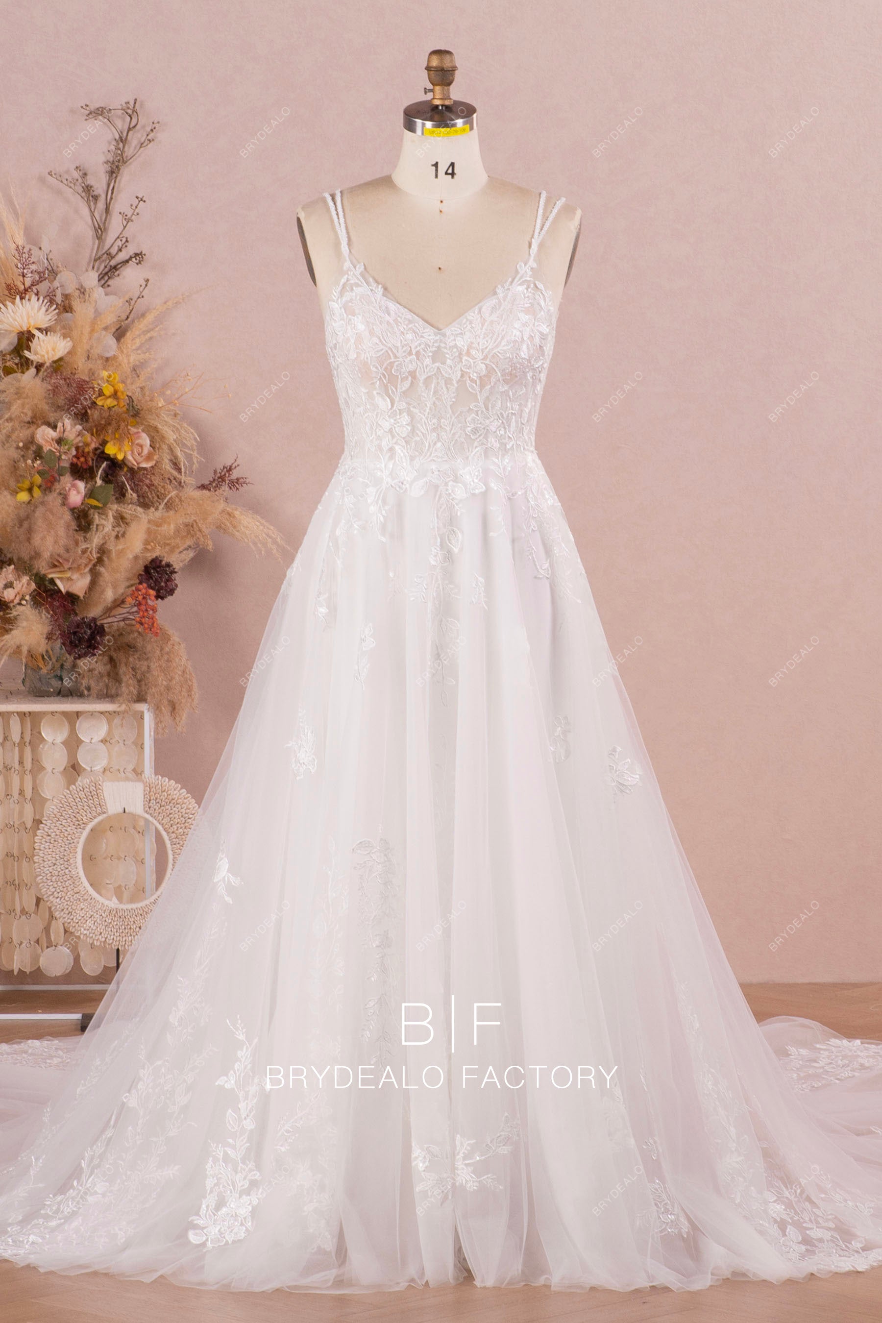 V-neck flower lace Aline wedding dress