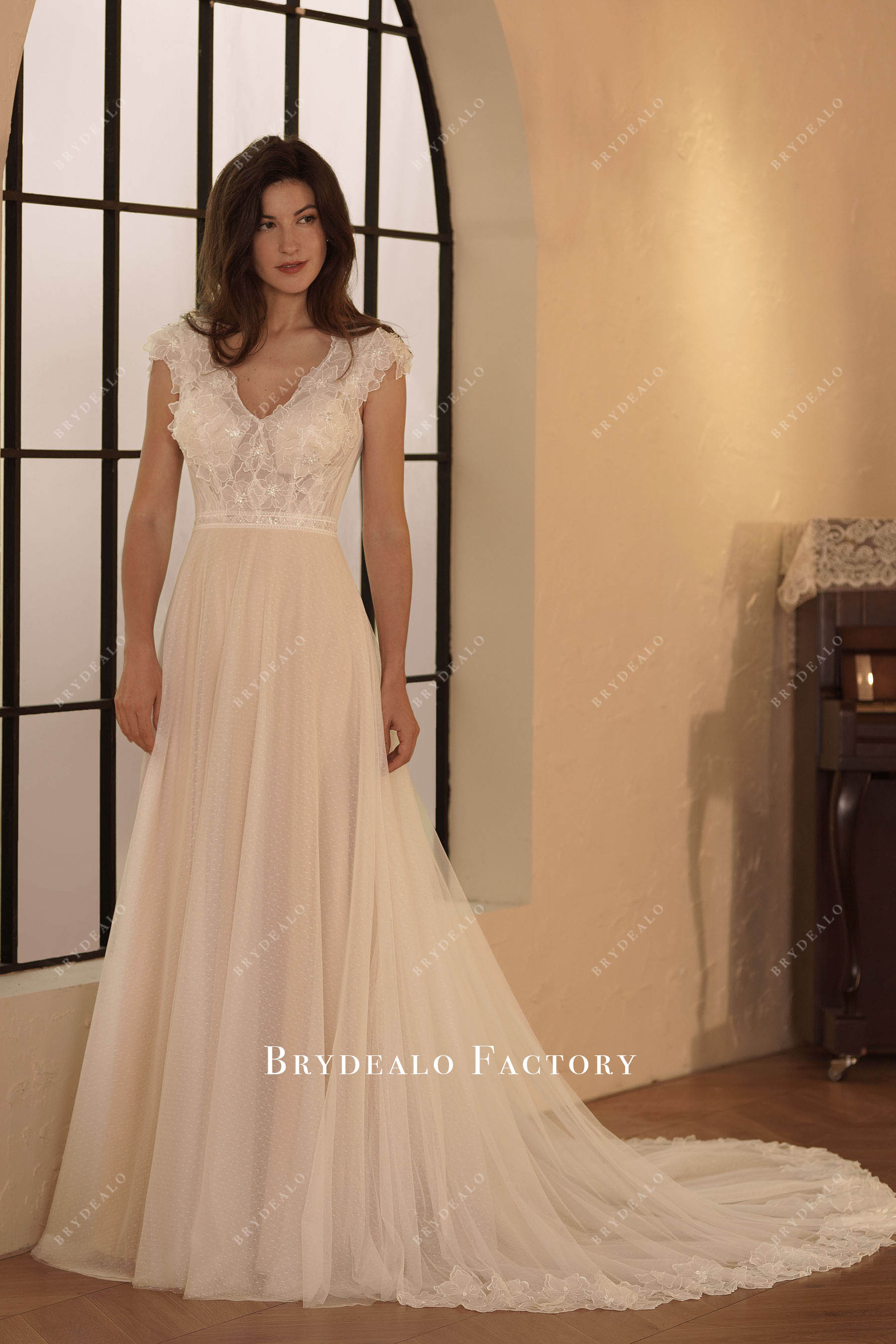 V-neck flower lace Aline wedding dress