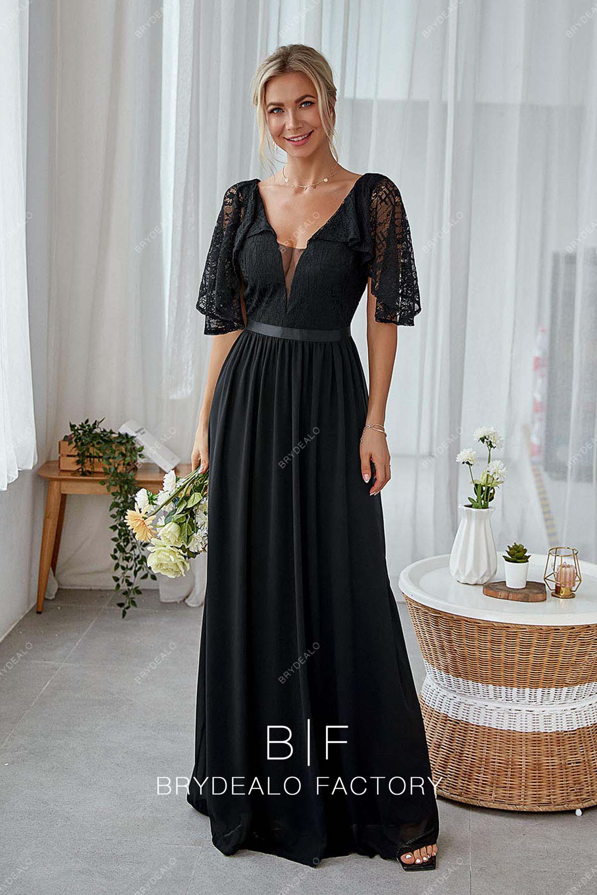 V-neck flutter sleeves black bridesmaid dress