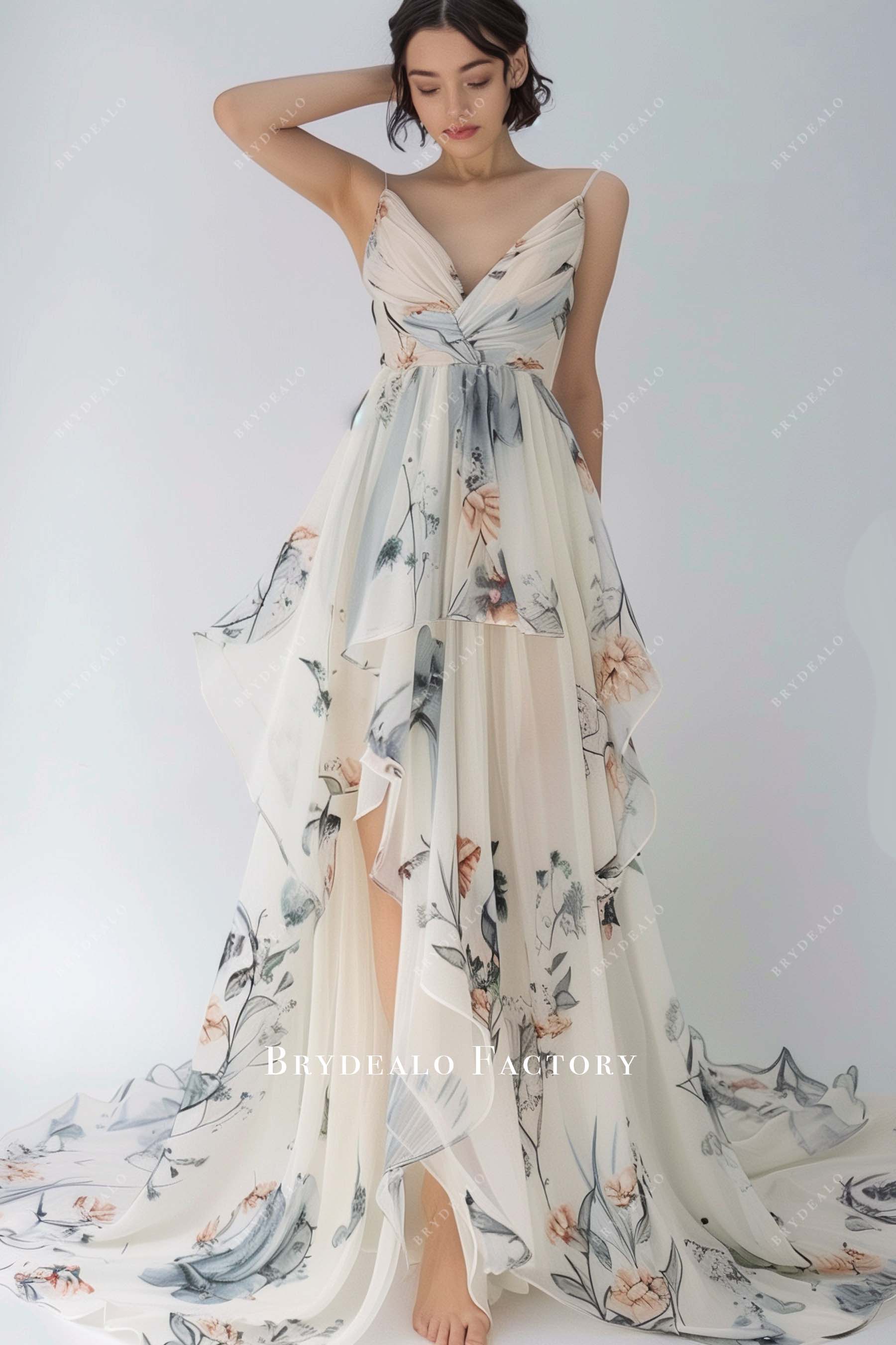 Spaghetti Straps Beautiful Print V-neck Slit Bridesmaid Gown
