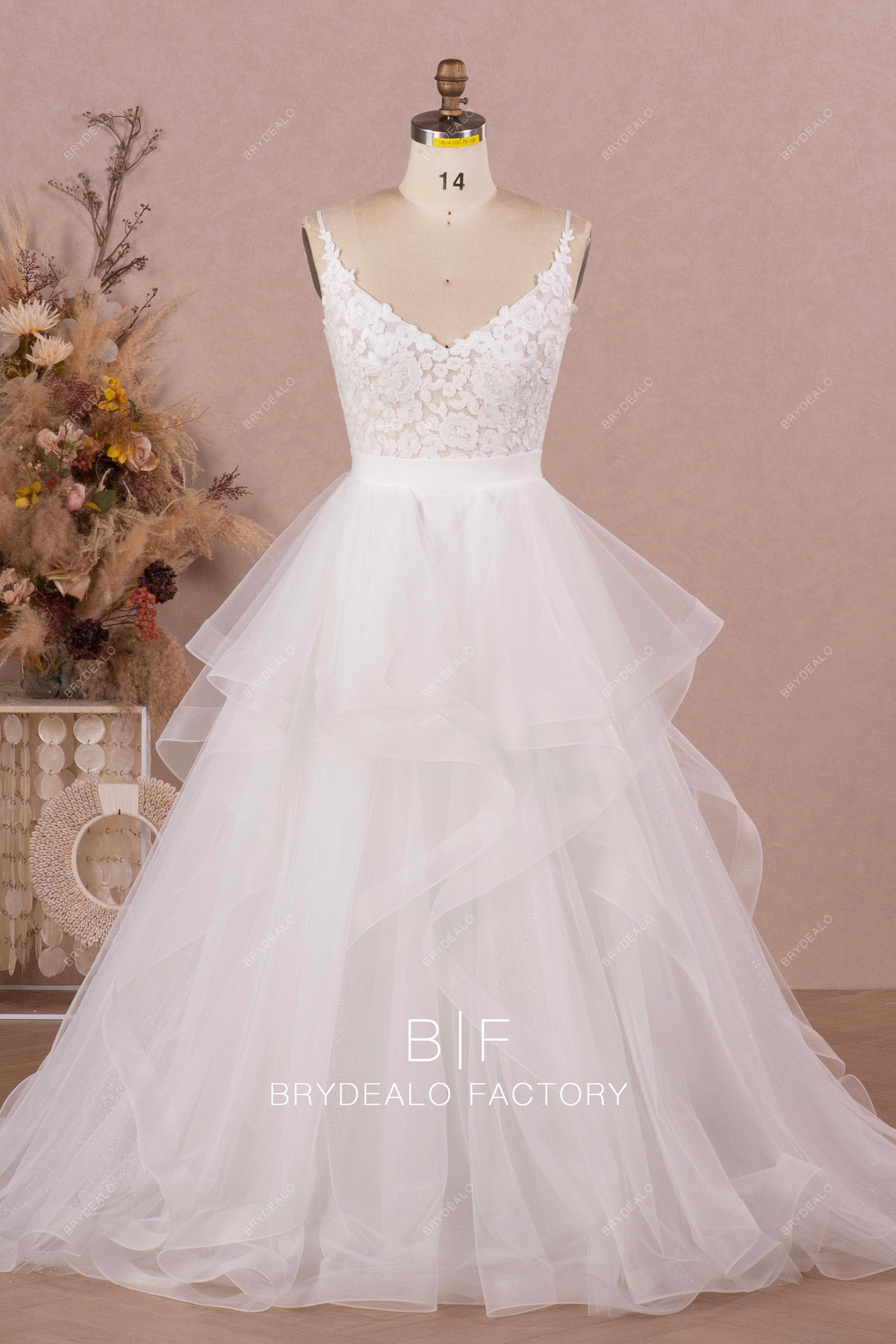 V-neck lace top ruffled tulle skirt bridal gown