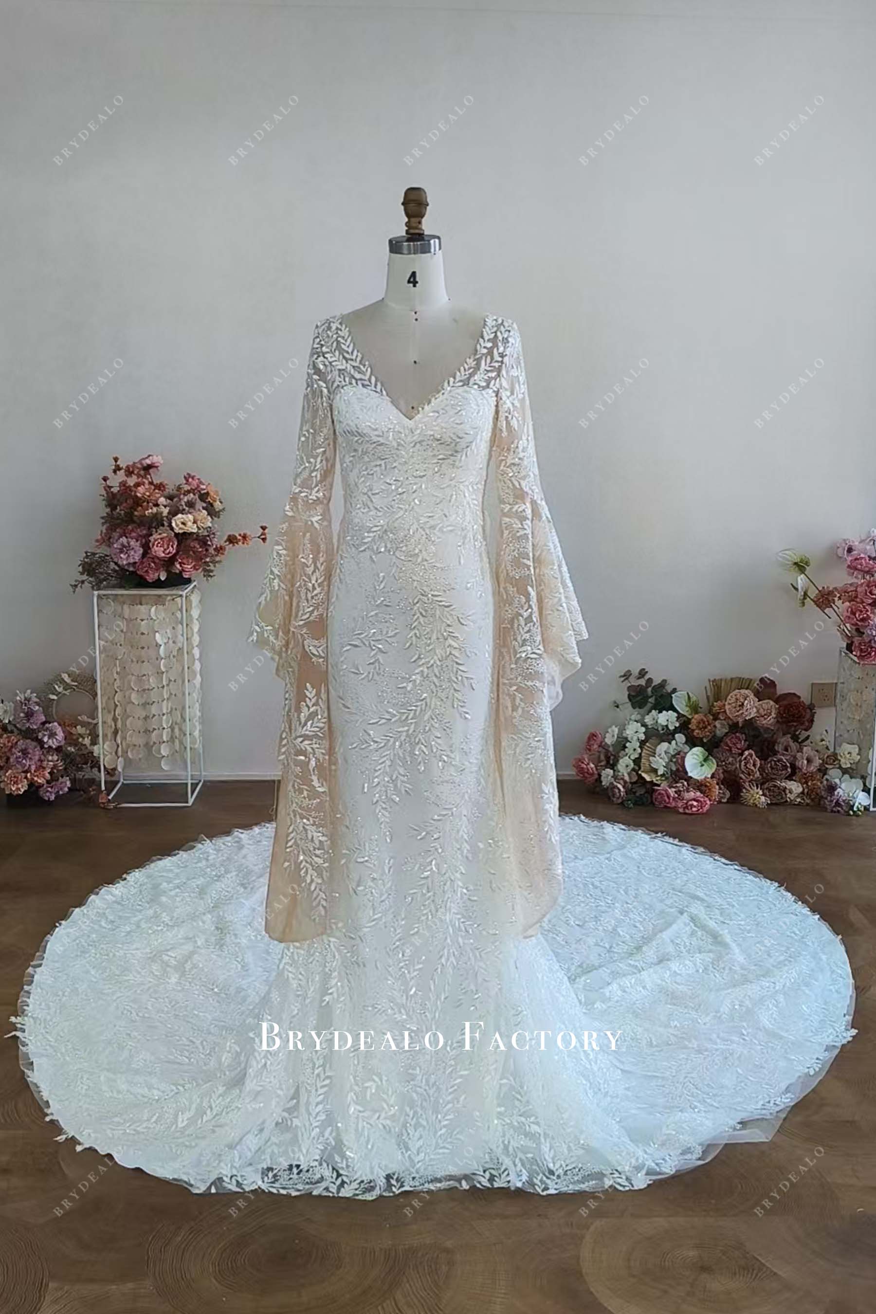 V neck long sleeves custom lace wedding dress