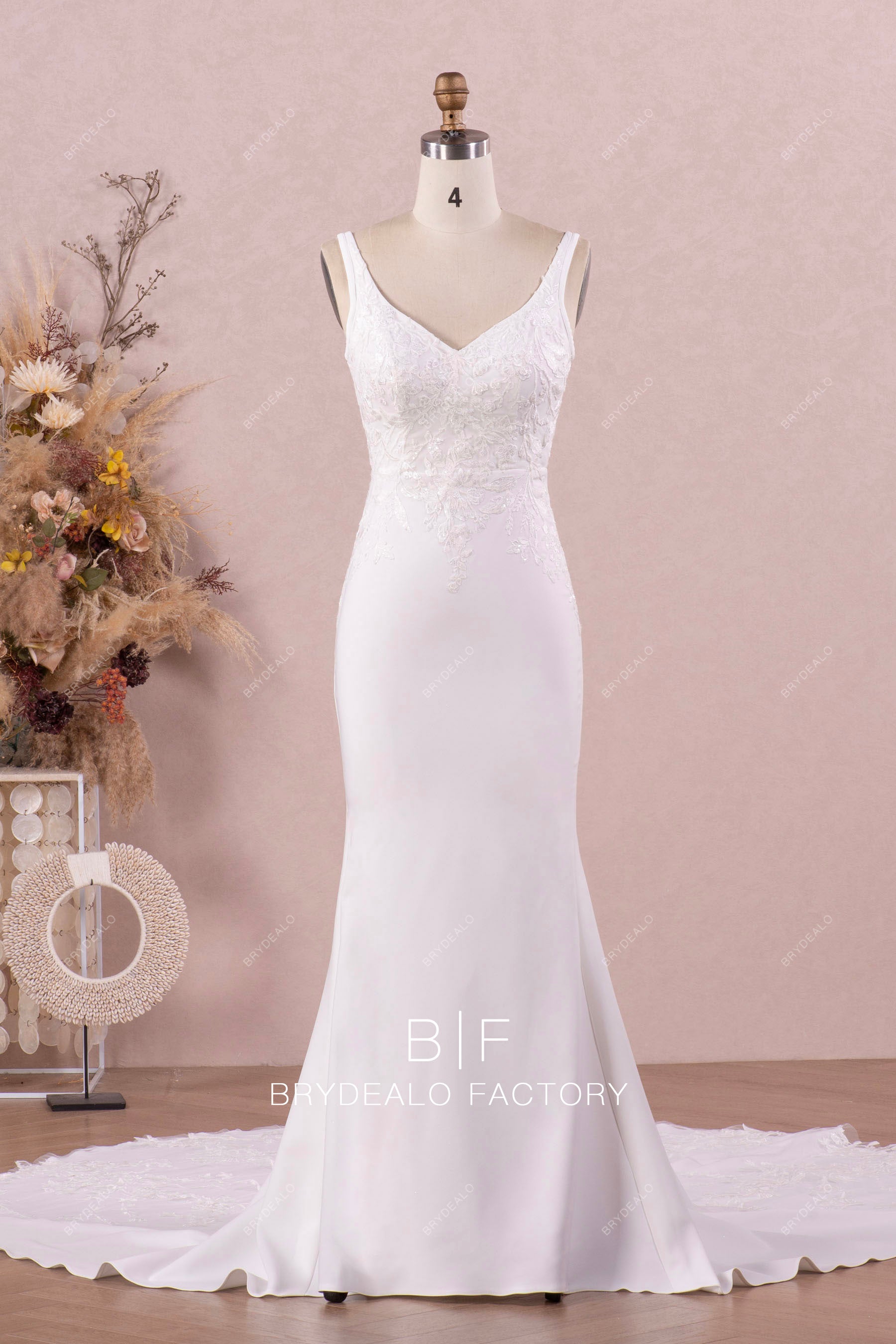 V-neck mermaid crepe wedding dress