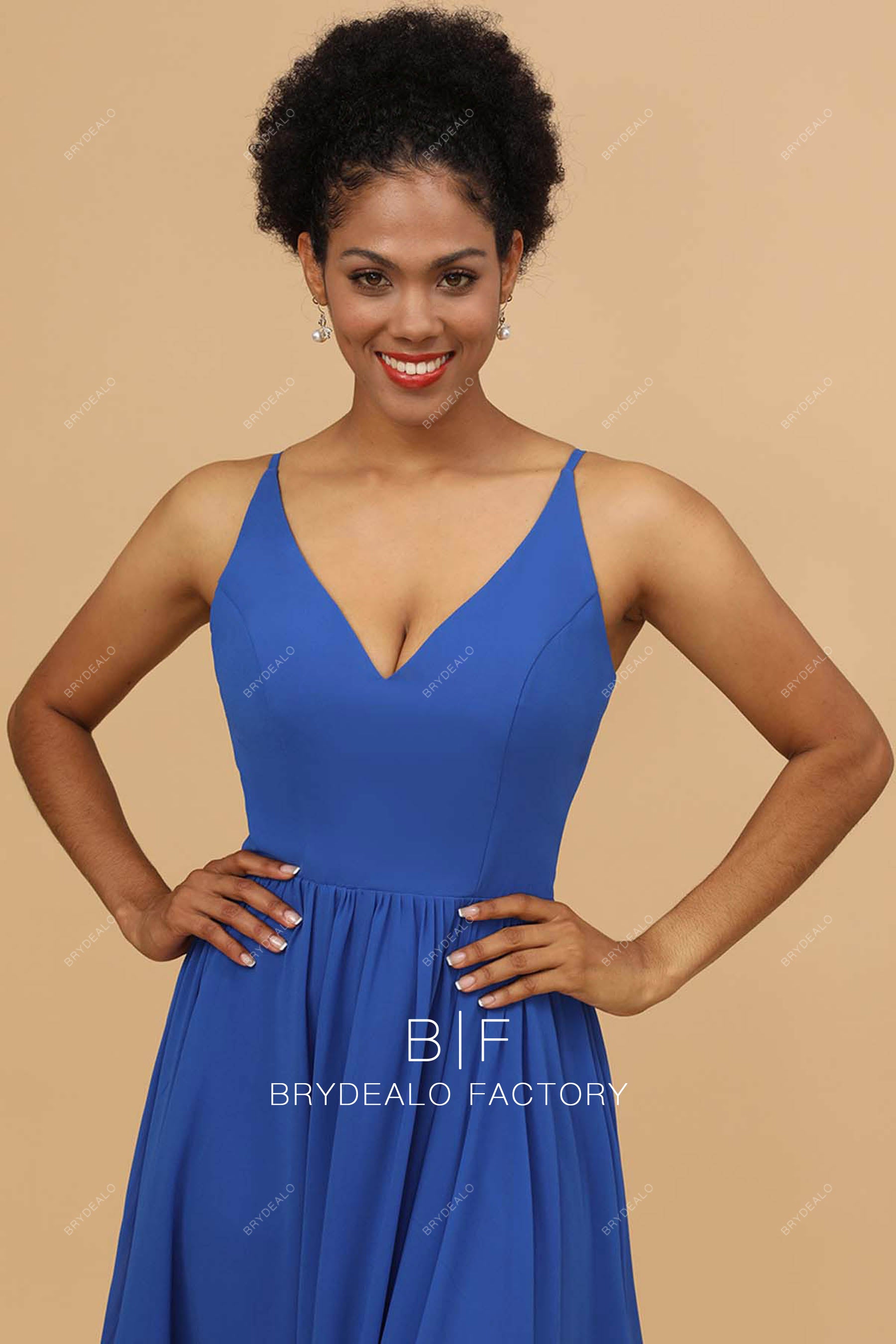 V-neck ocean blue bridesmaid gown