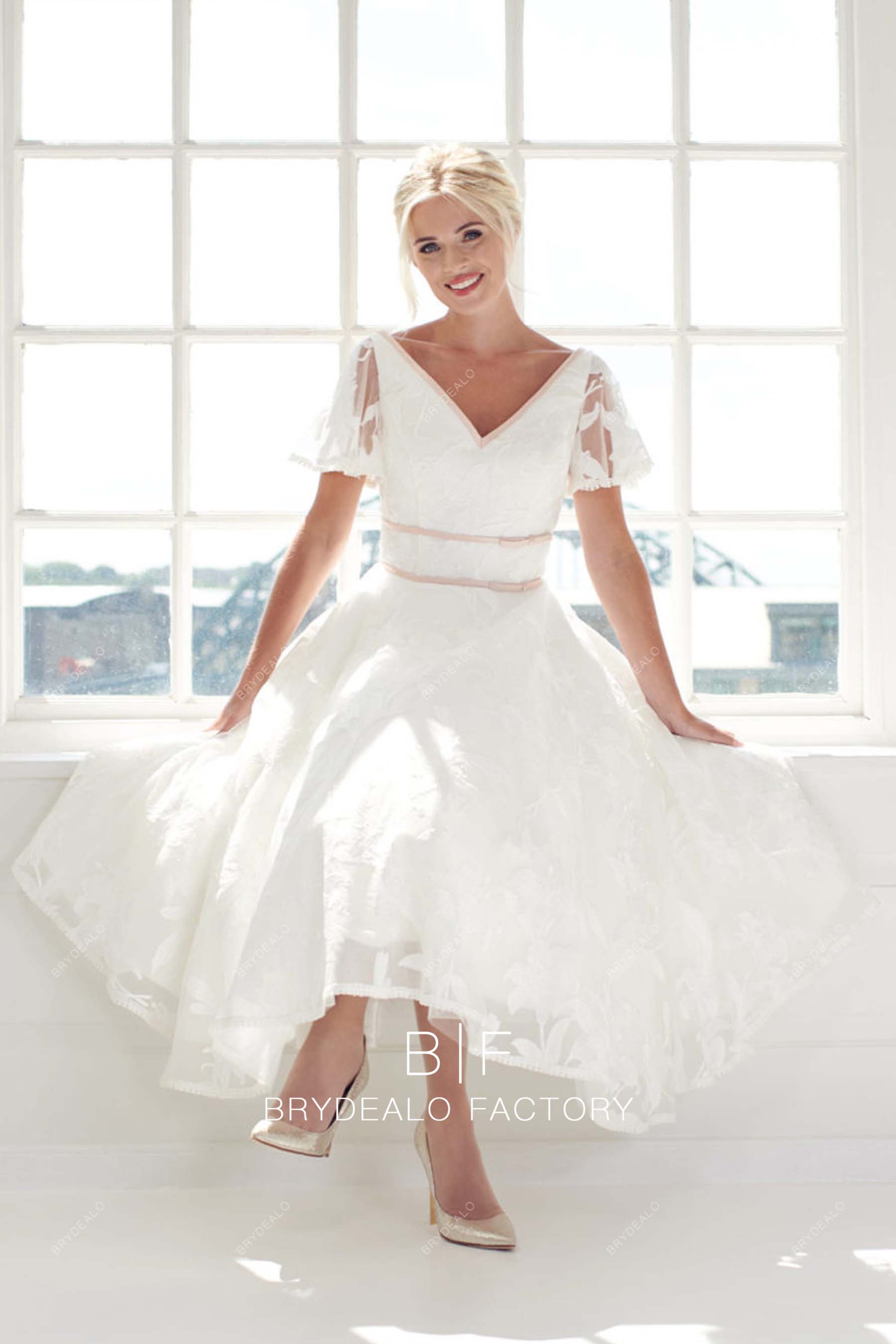 V-neck short sleeves boho wedding gown