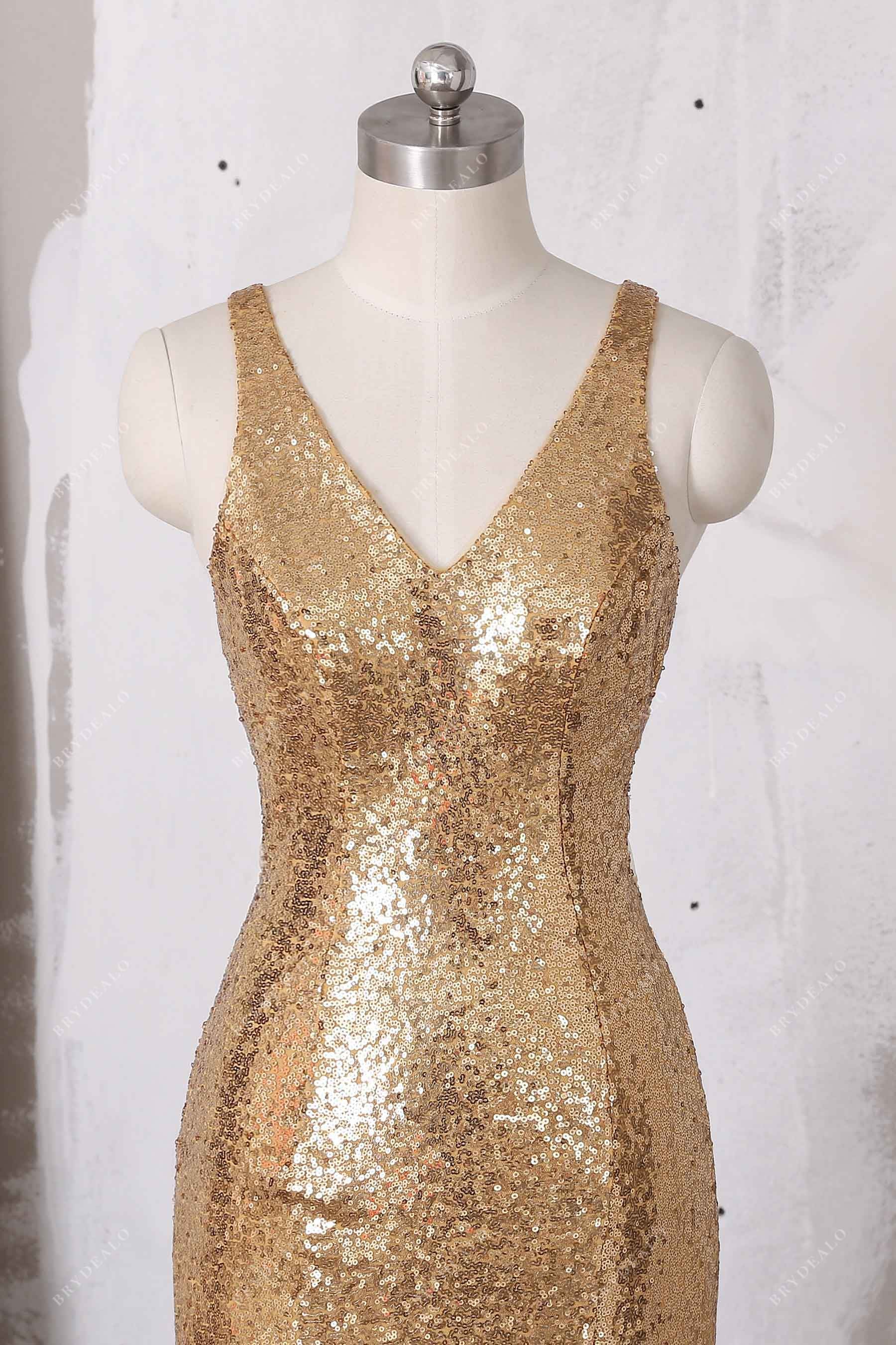 V-neck gold sequin sleeveless formal gown