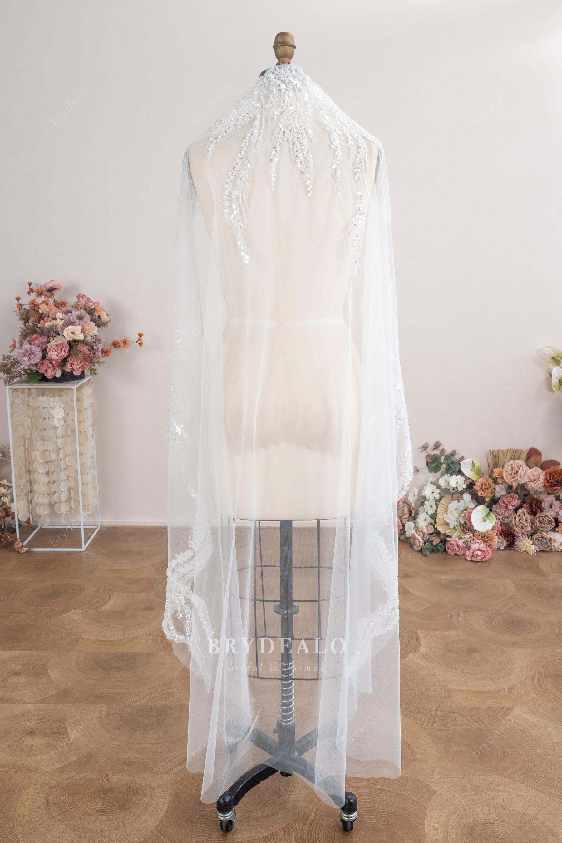 Waltz length beaded lace veil