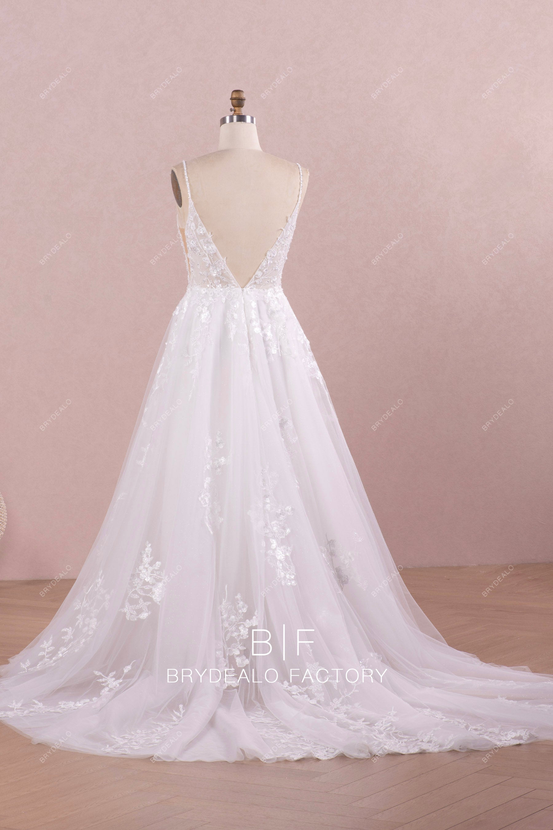 alluring V-cut back long wedding dress