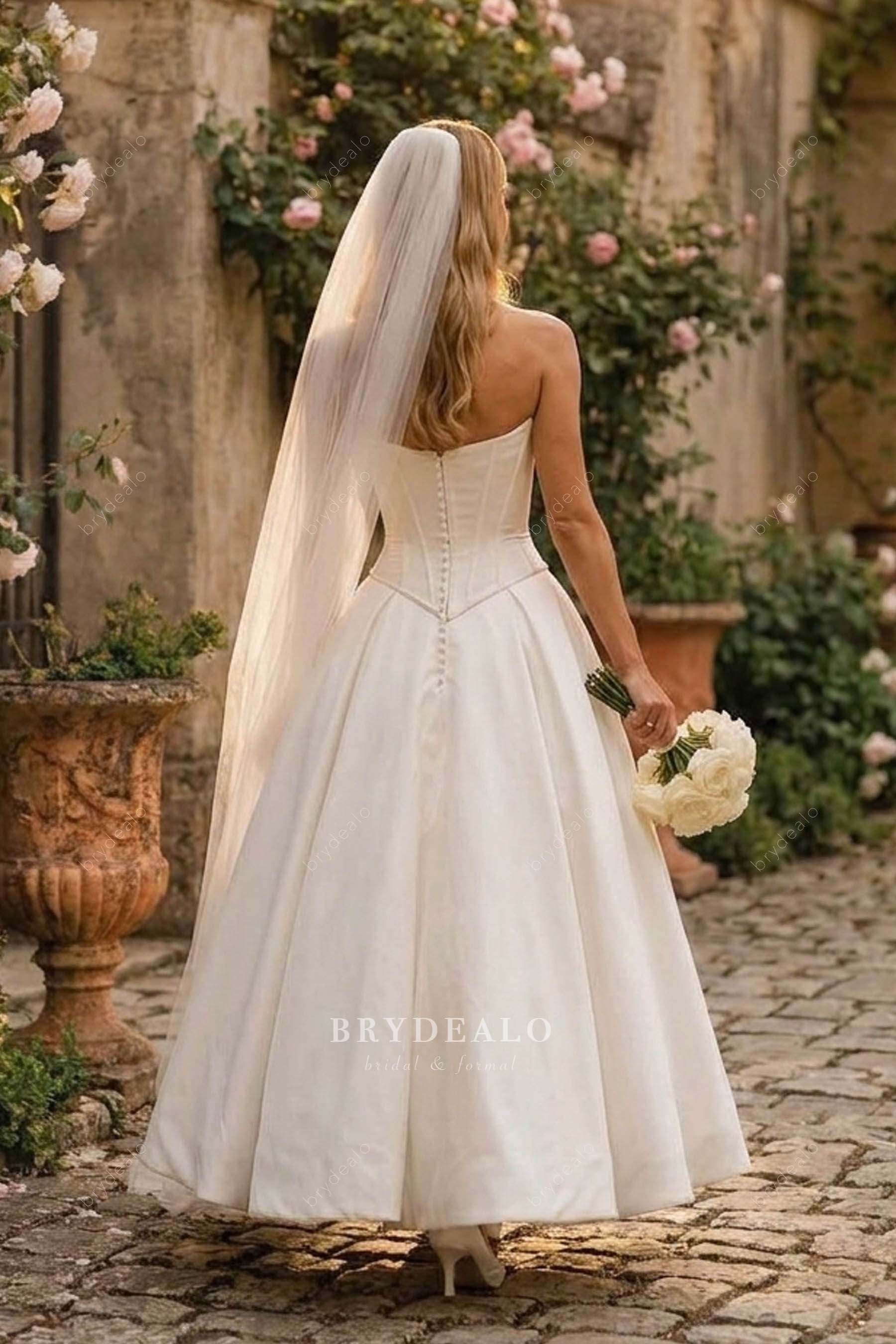 ankle length buttoned back wedding dress