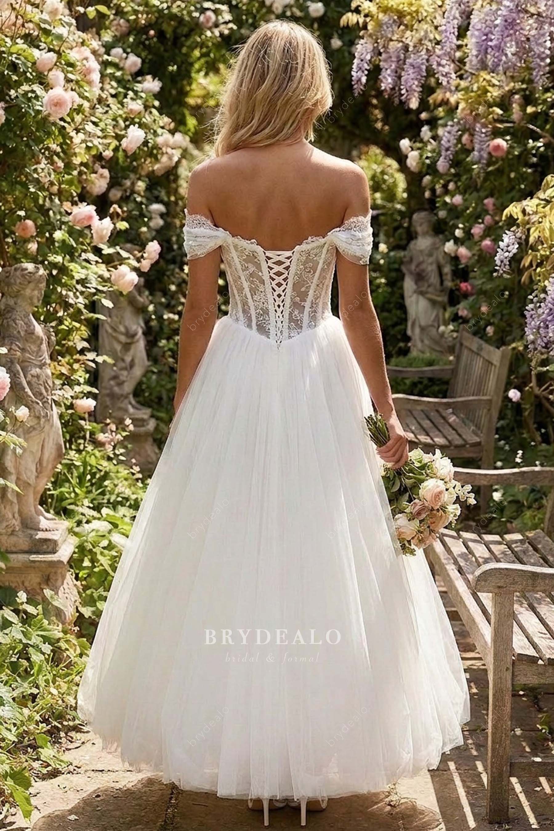 ankle length corset lace tulle wedding dress