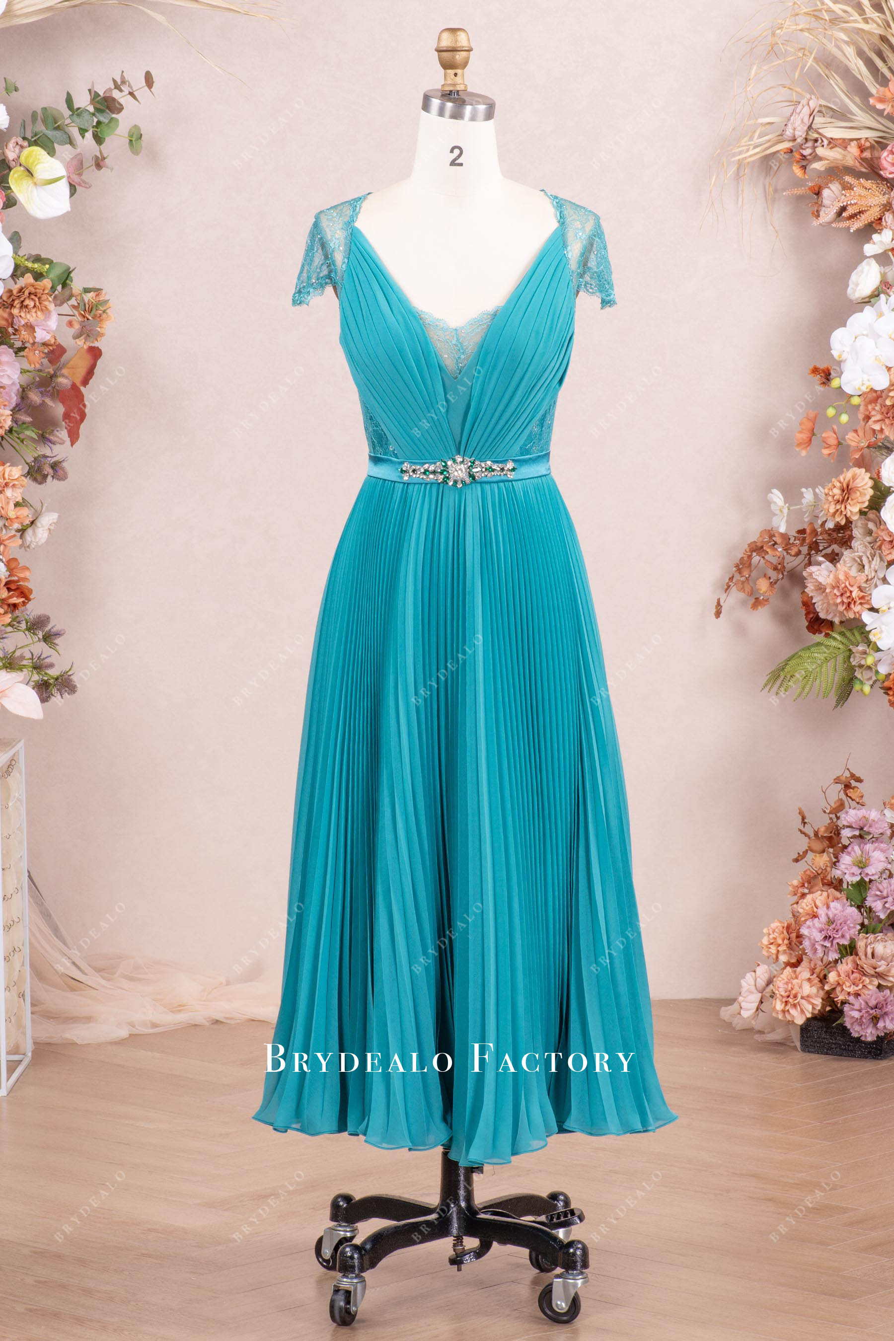 ankle length jade pleated chiffon formal dress