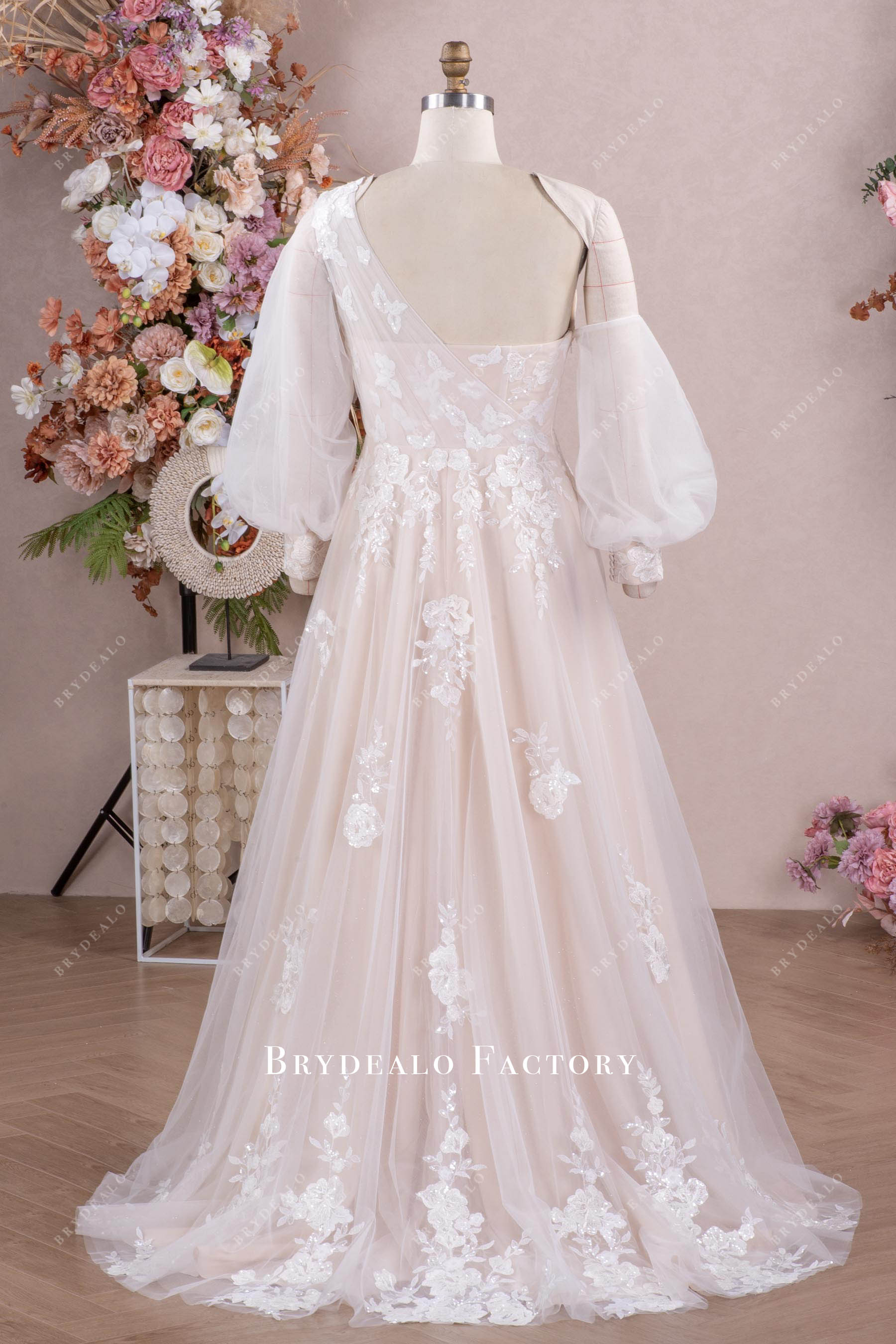 asymmetric bubble sleeve long wedding dress asymmetric