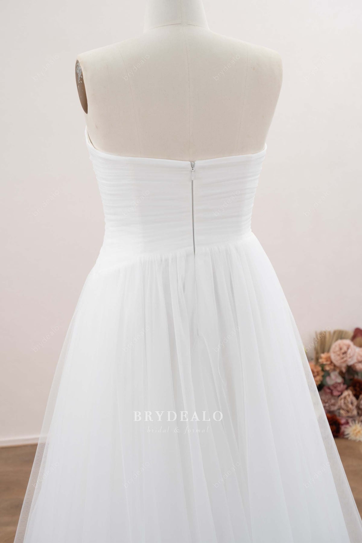 asymmetric ruched tulle wedding dress