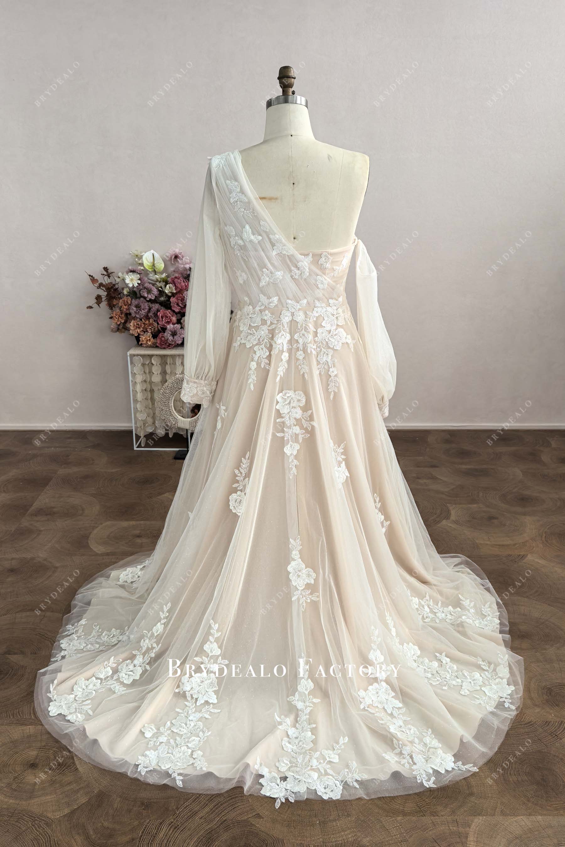 asymmetrical light champagne wedding dress
