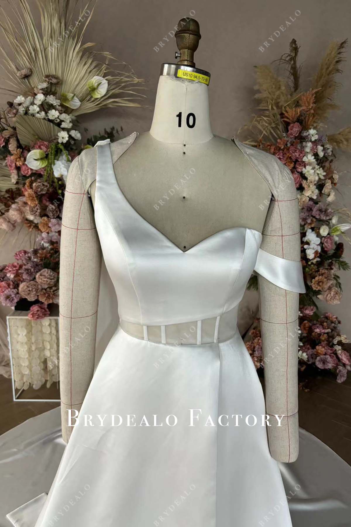 Private Label Custom Flowers One Shoulder Satin Wedding Dress