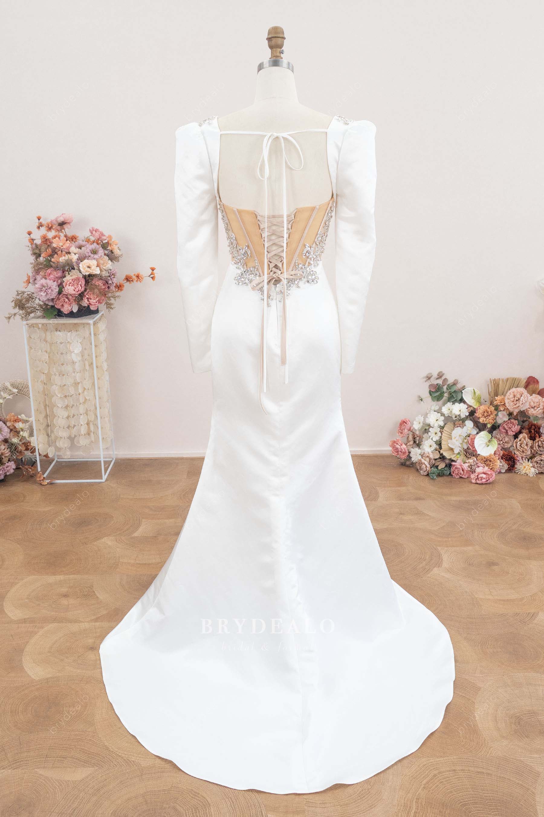 back tie sweep train wedding dress