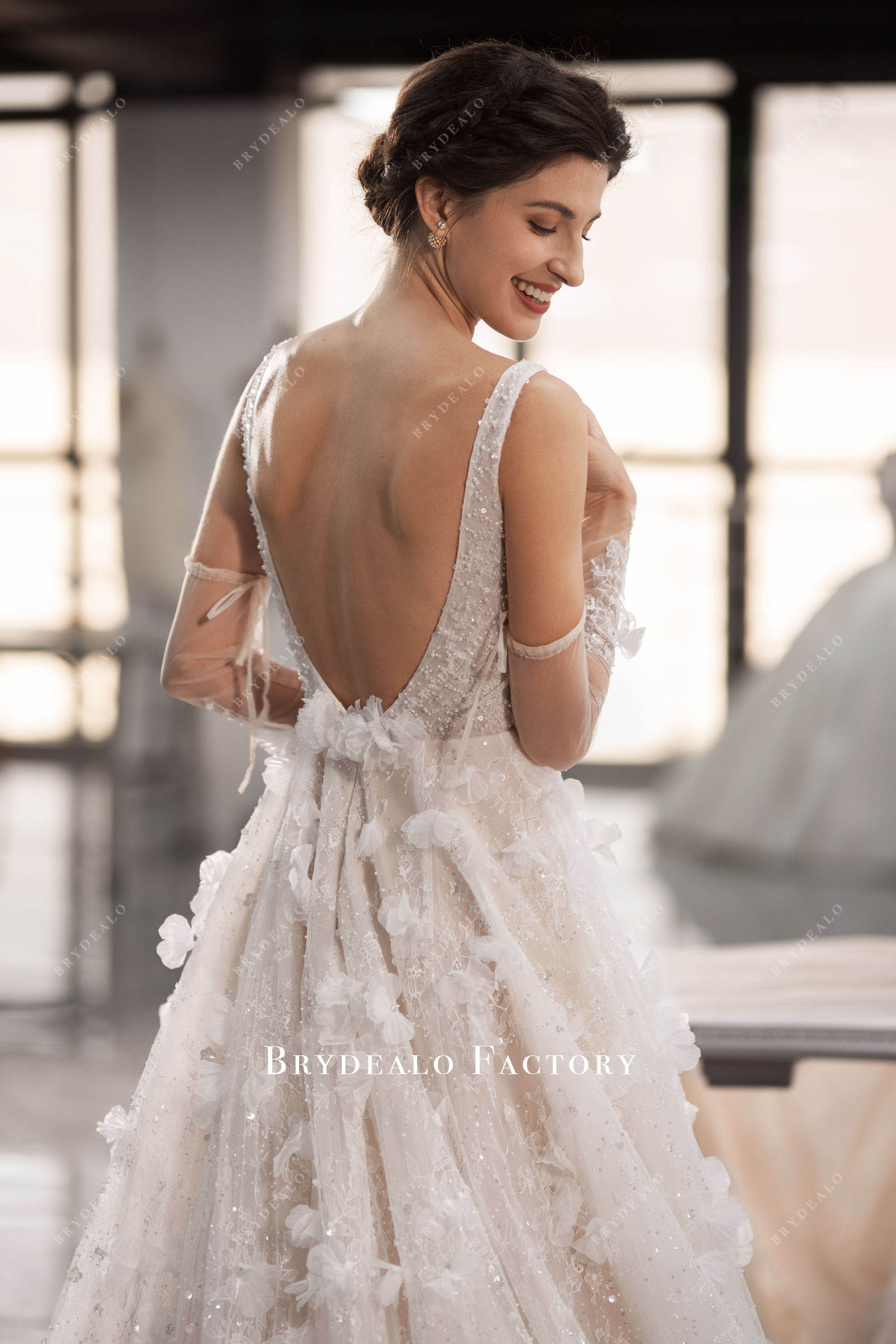 back waist shimmery flower wedding dress