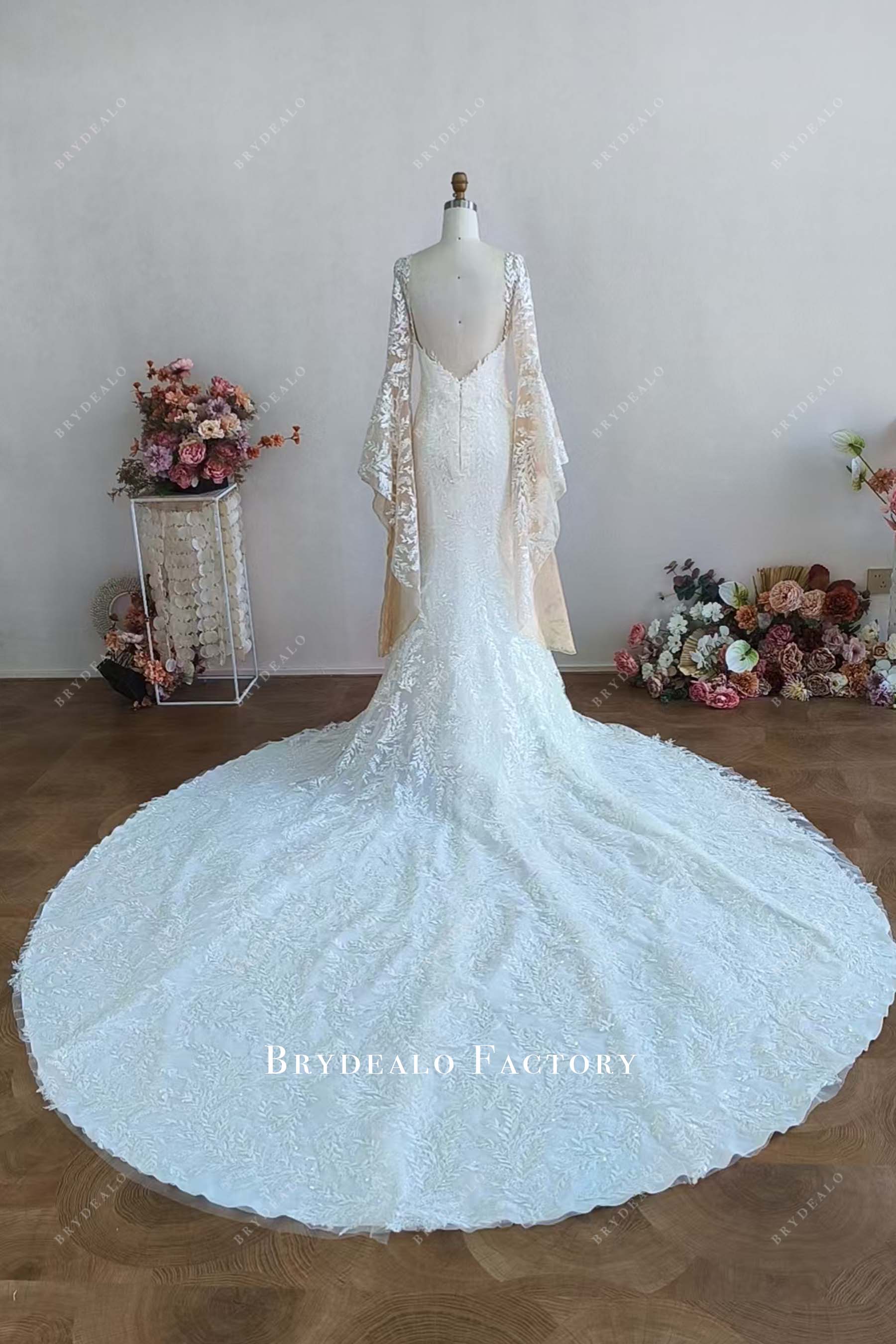 backless long train custom lace wedding dress