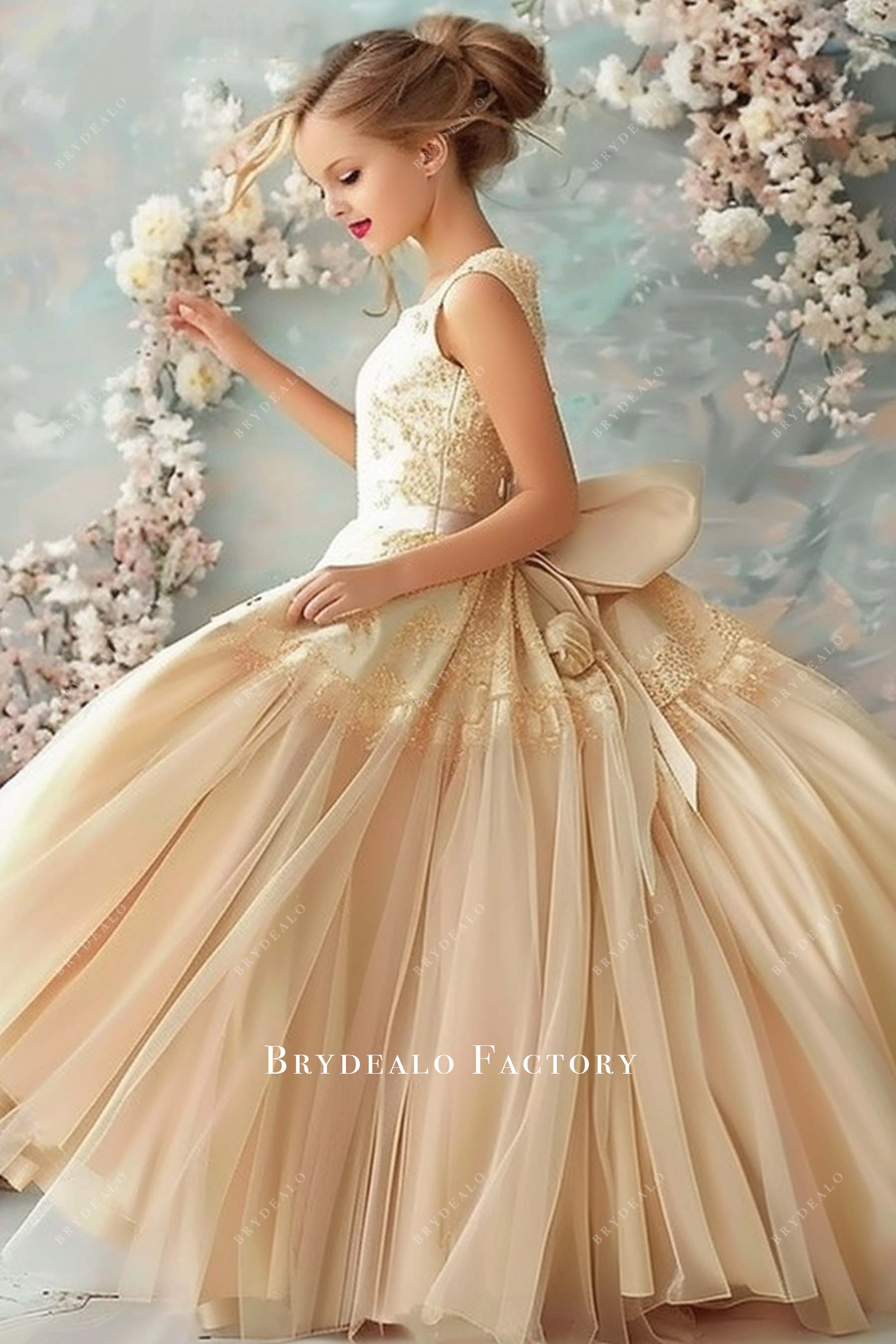 Light Champagne Lace Sleeveless Tulle Flower Girl Ball Gown