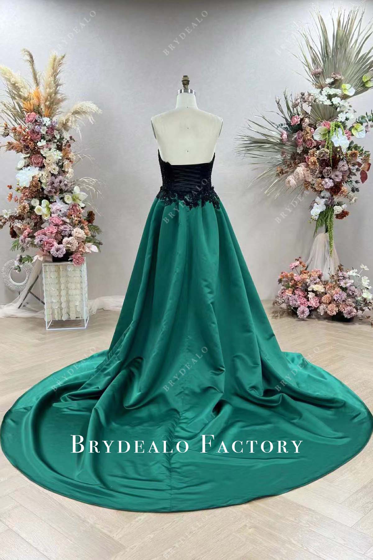 long train green ball gown strapless black wedding gown