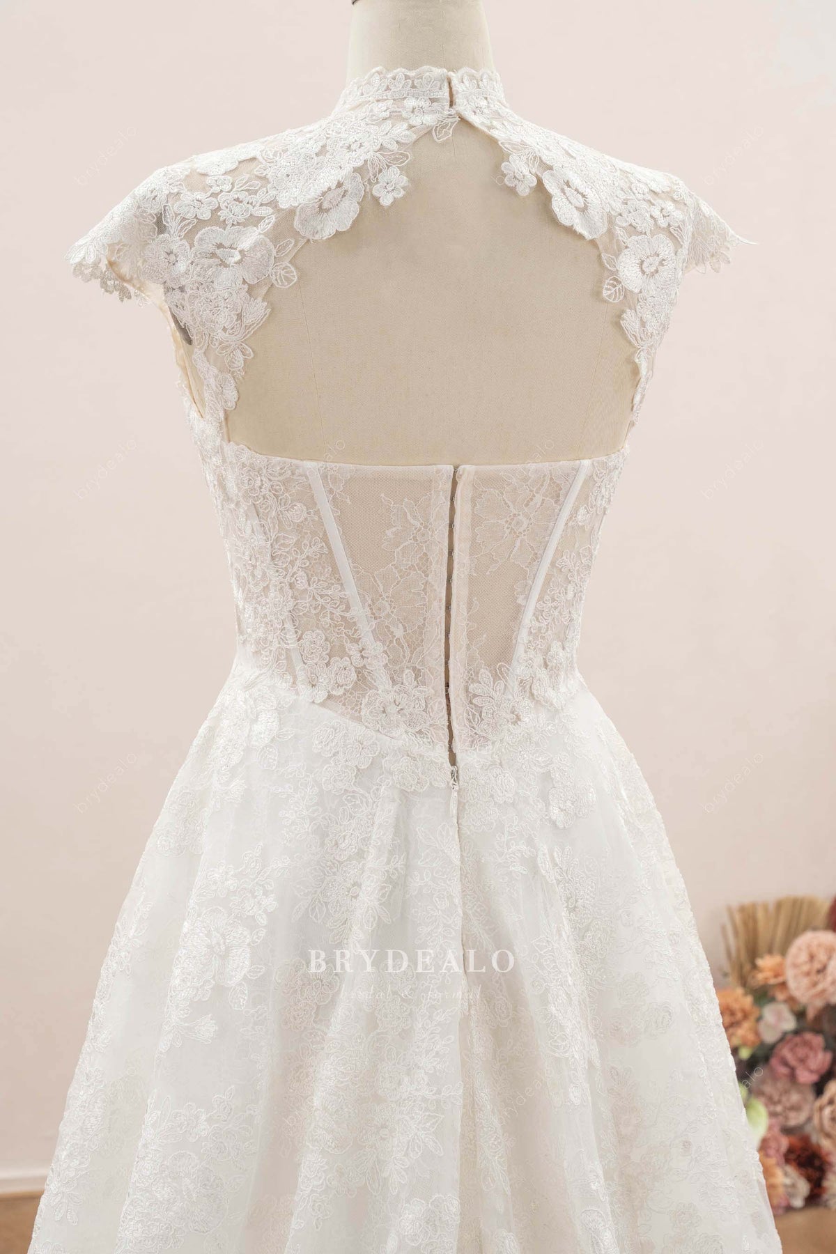 basque waist cap sleeve wedding dress
